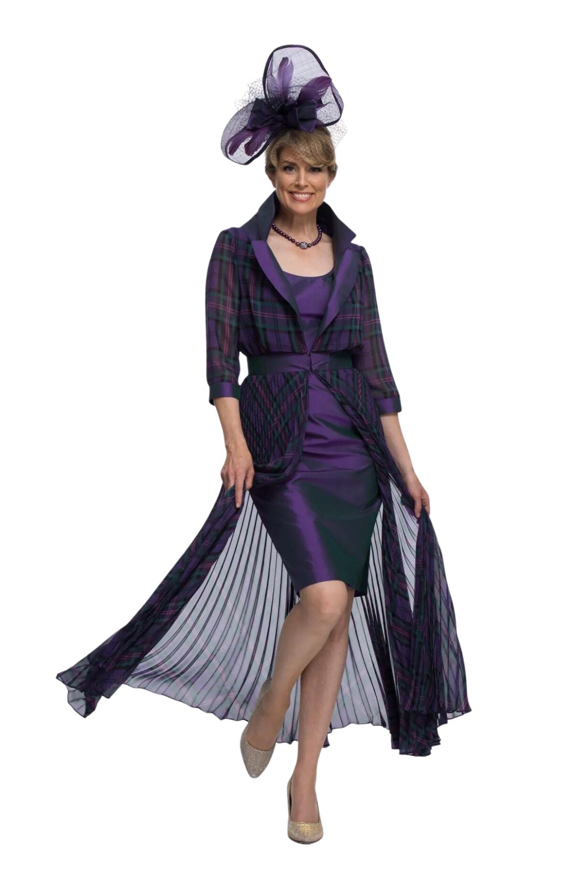 Chiffon Tartan Pleated Coat And Silk Dress