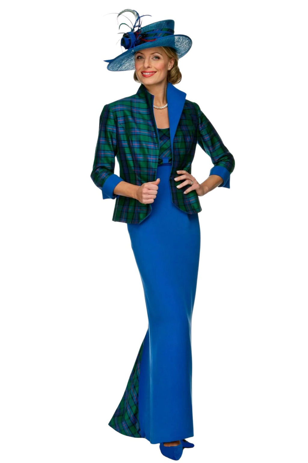 Tartan jacket with straight empire line dress