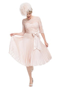 Circular Sun Ray Pleated Dress With French Lace Tunic