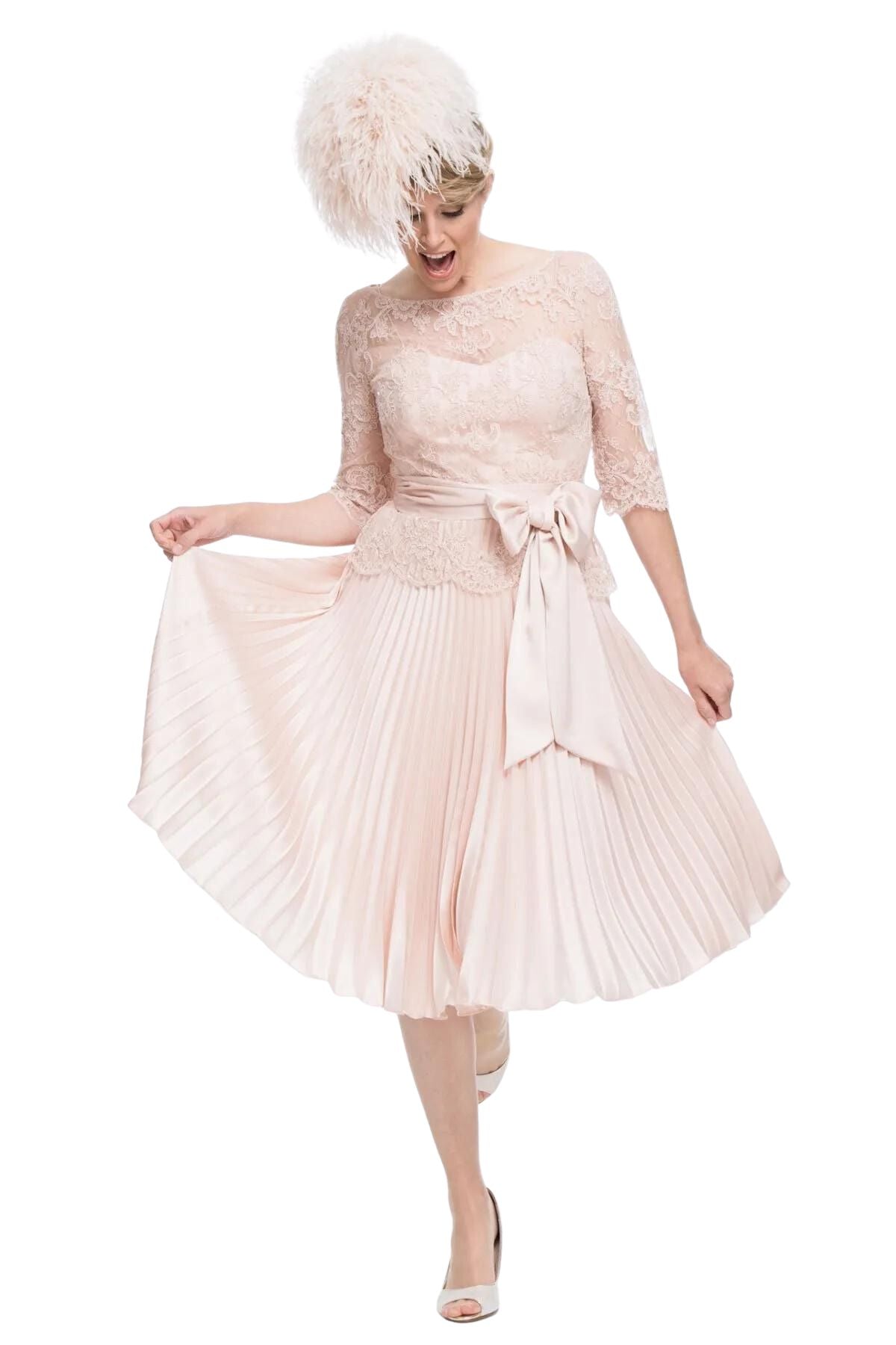 Circular Sun Ray Pleated Dress With French Lace Tunic