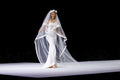 Contemporary simple satin slip dress with dramatic veil