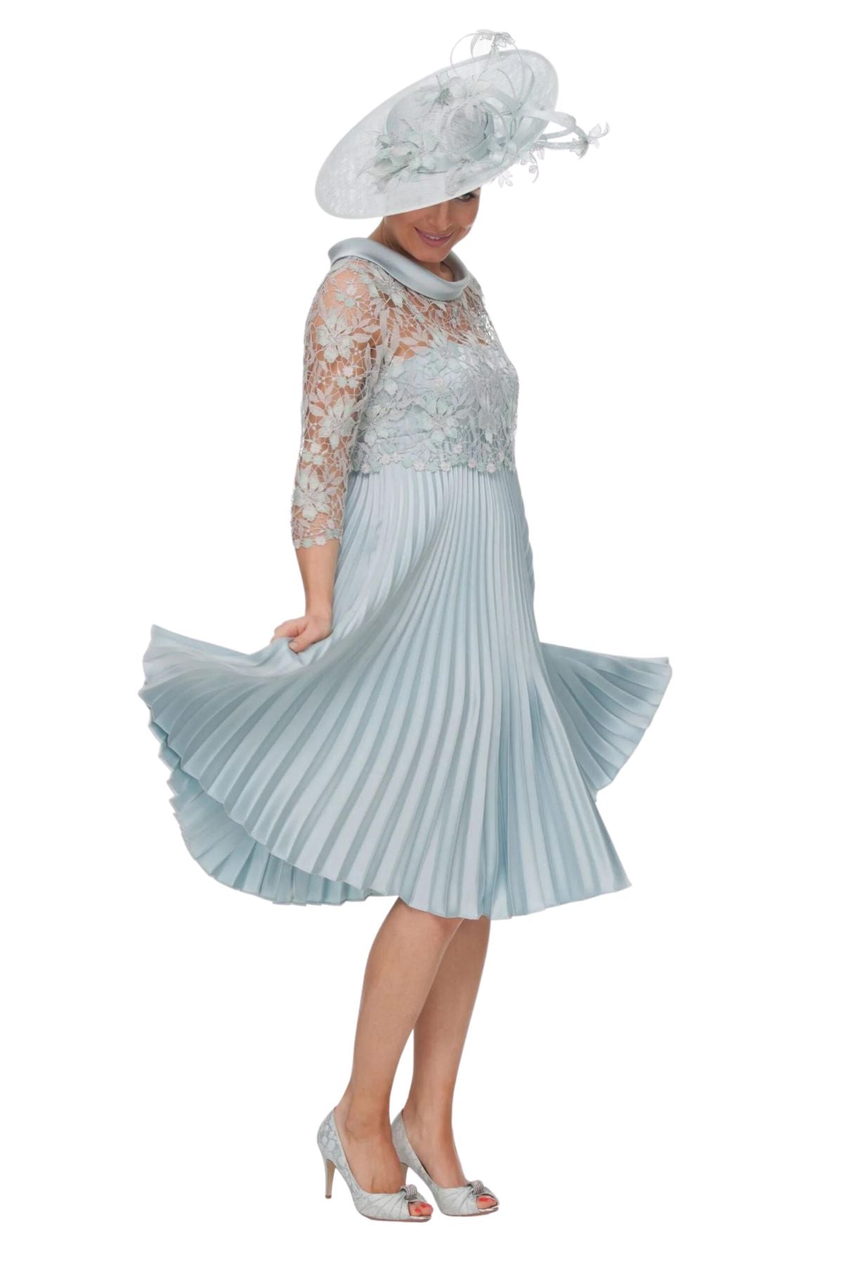 Satin Collar Guipure Bodice Pleated Dress