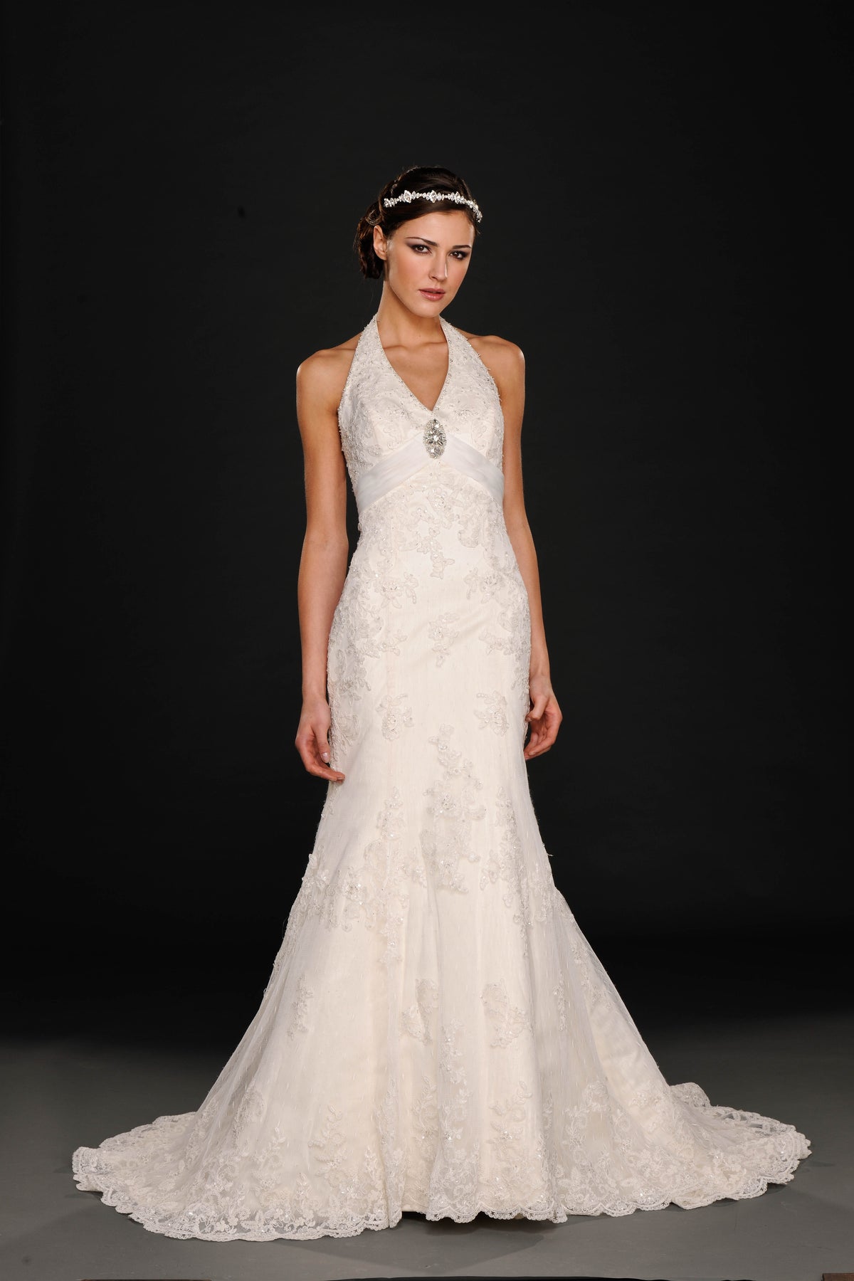 SALE - Lace Halter Mermaid Wedding Dress with Brooch Detail