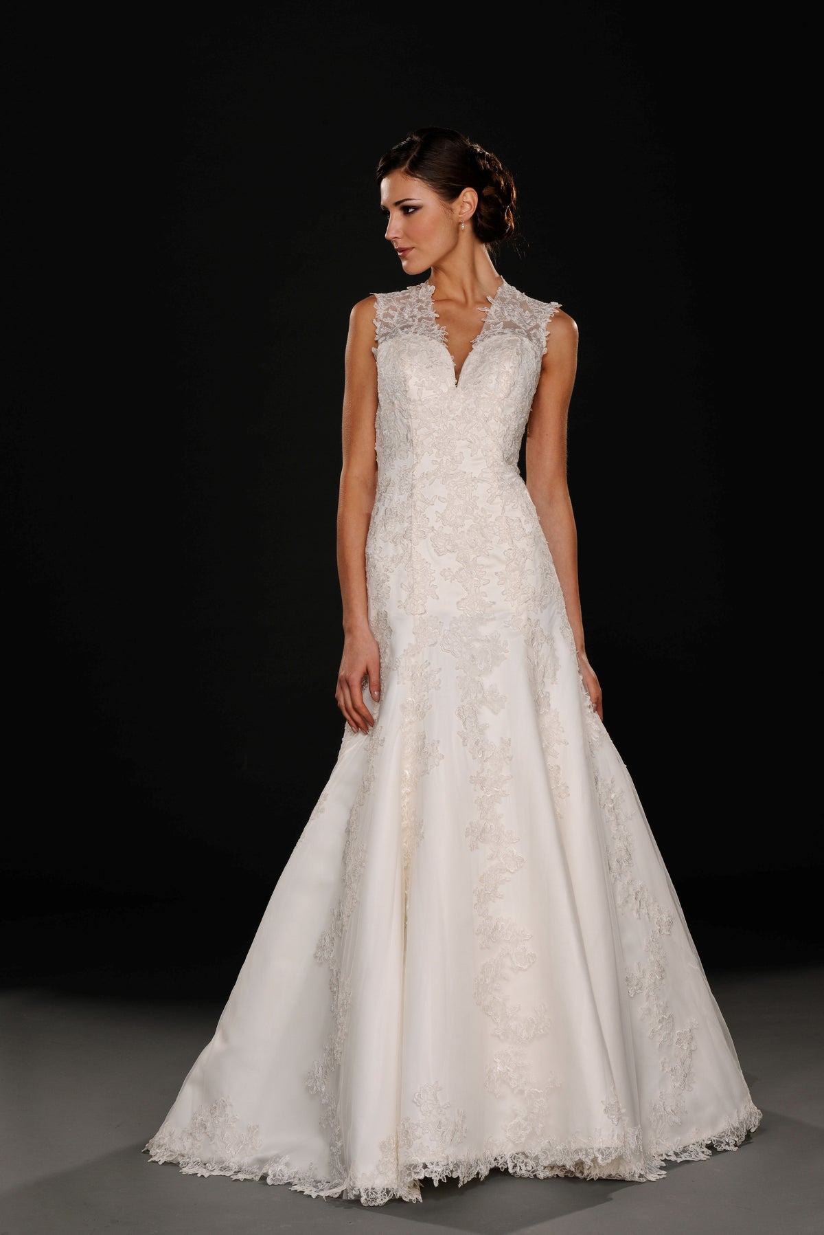 SALE - Lace V-Neck Wedding Gown with Flowing Skirt