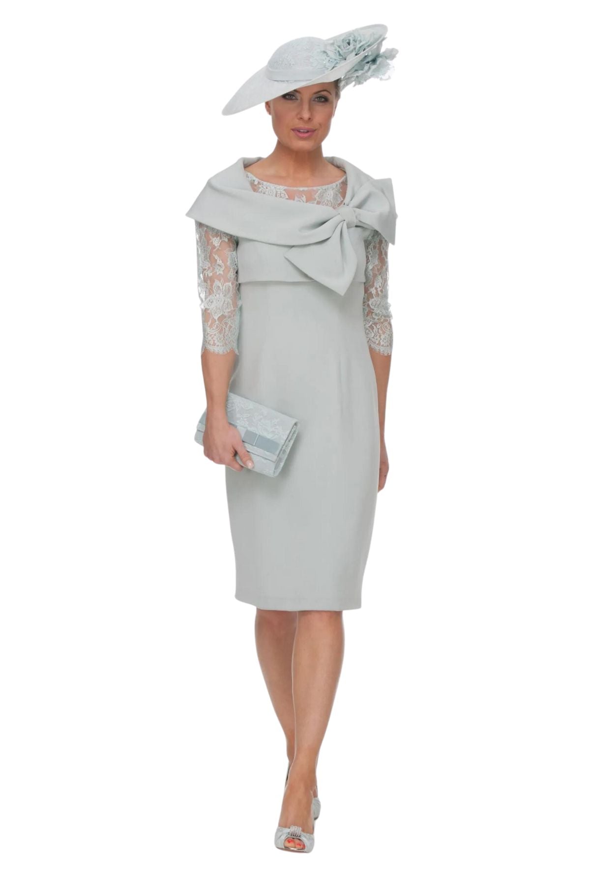 Duck Egg Lace Dress with Bow Jacket