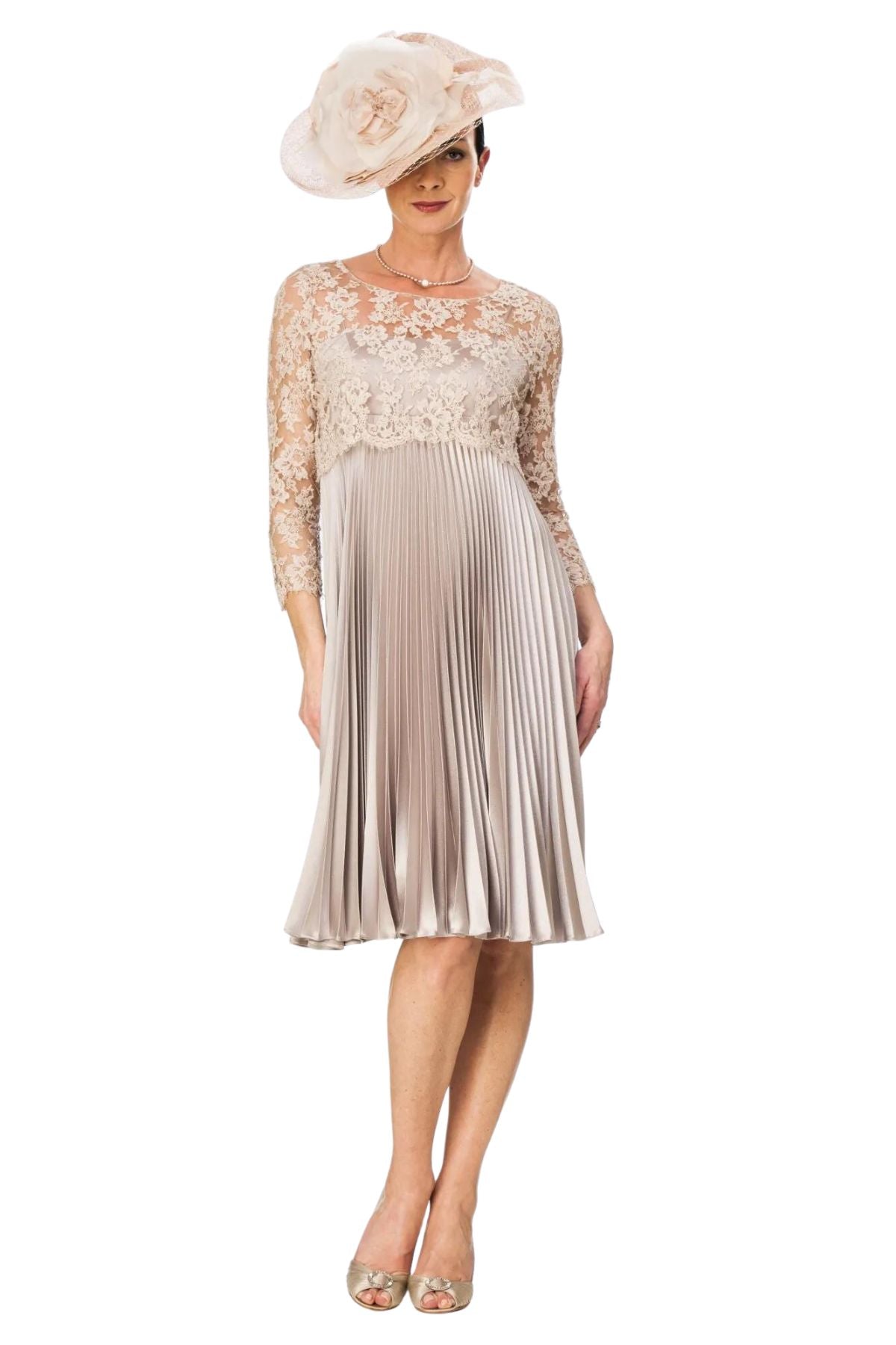 Knee Length Sunray Pleated Dress with Beaded Lace Top