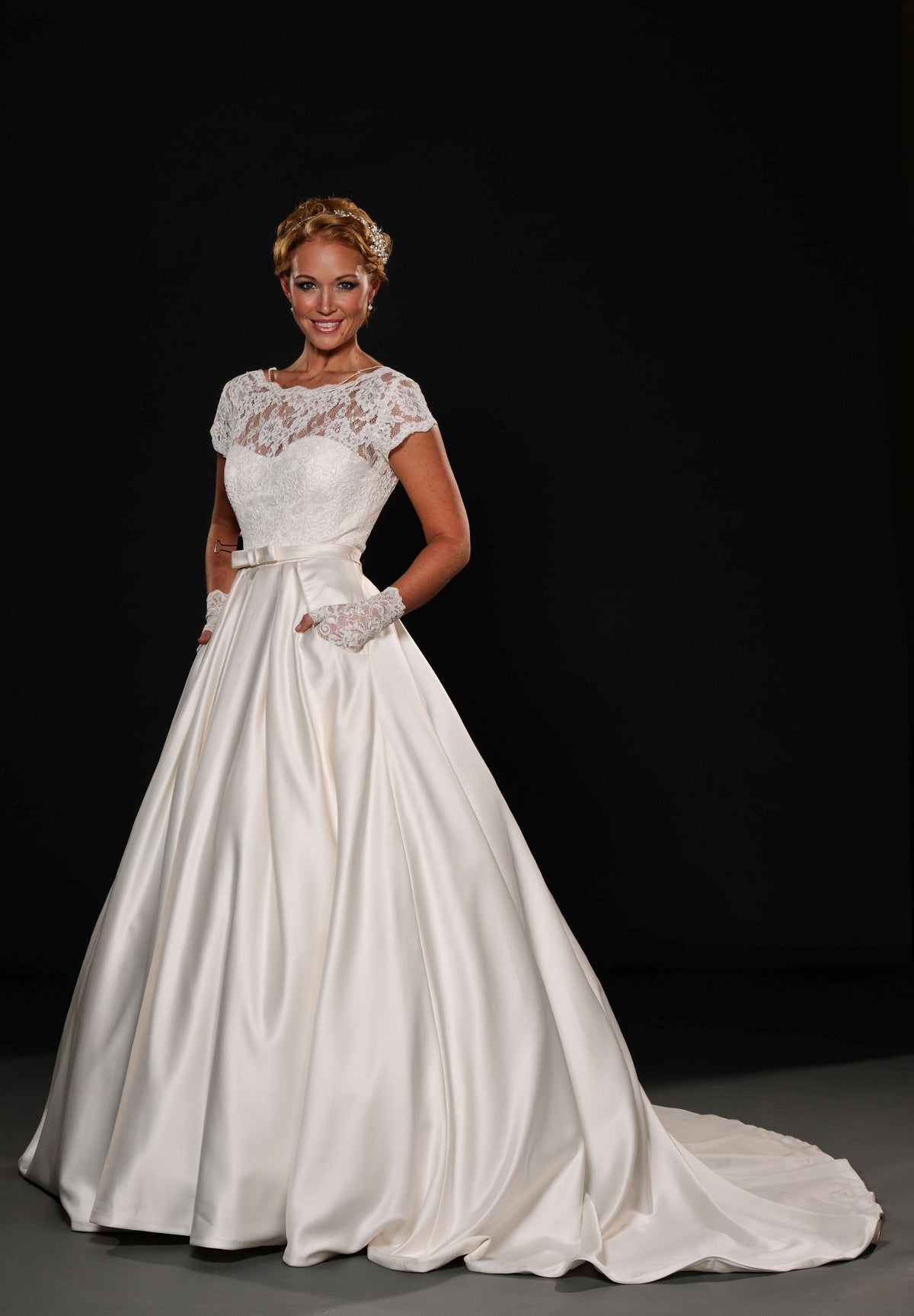 SALE Elegant A-Line Satin Wedding Dress with Lace Illusion Neckline and Cap Sleeves