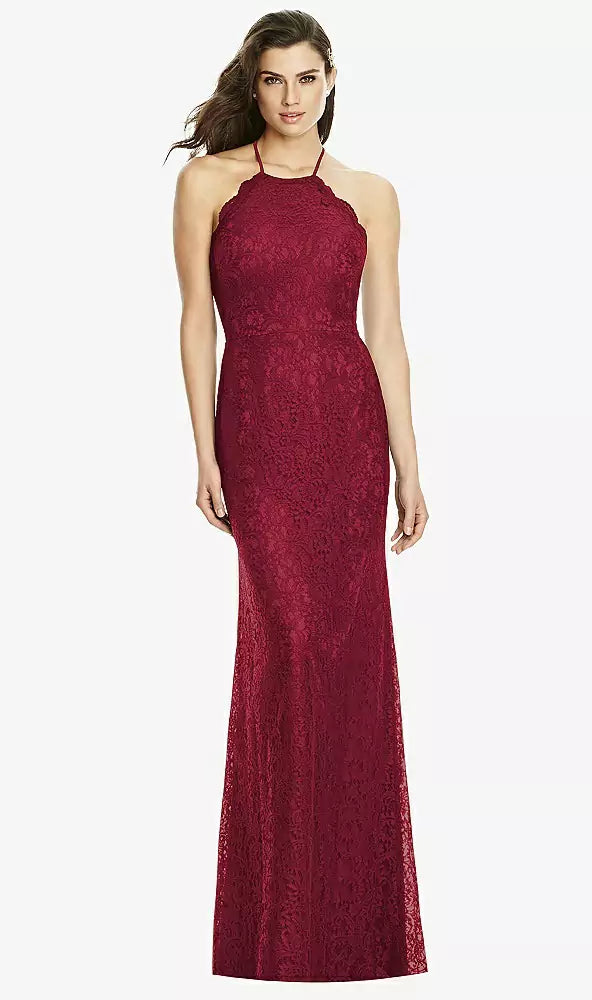 SALE Full length Burgundy Halter Open Back Lace Dress