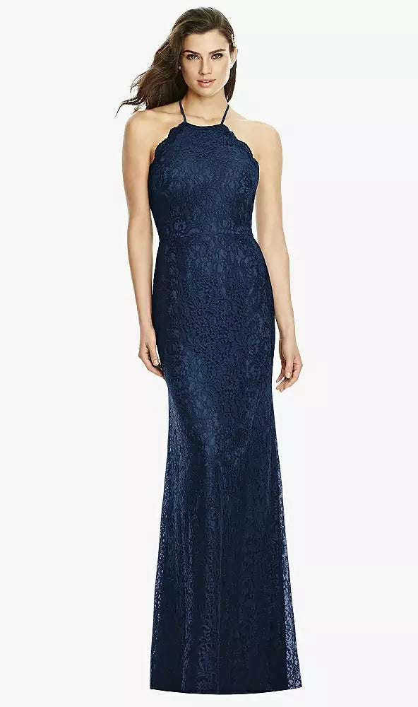 SALE Full length Midnight Halter Open Back Lace Dress