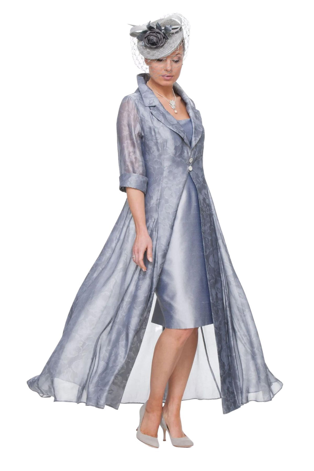 Long length jacquard coat and short silk dress