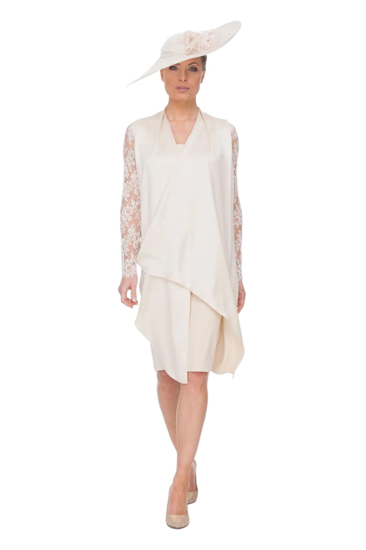 Silk satin drape dress with beaded lace sleeves