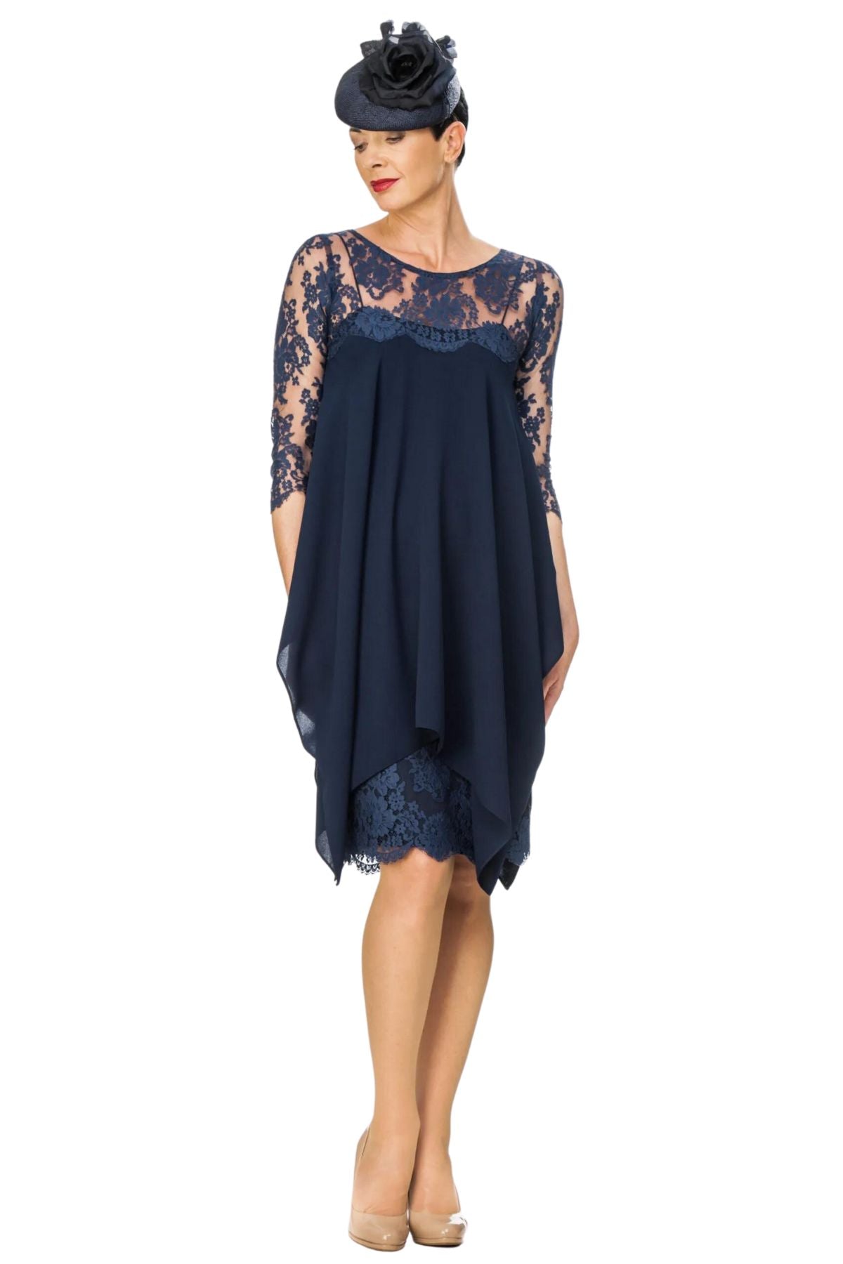 Navy crepe and lace dress