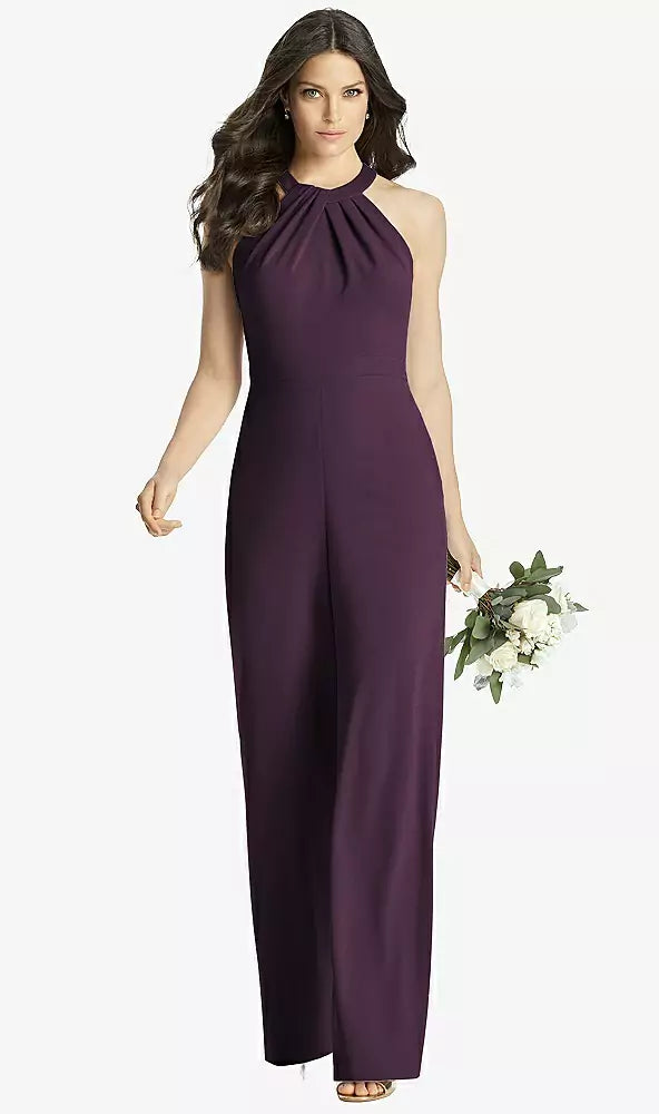 SALE Aubergine Stretch Crepe Jumpsuit with Halter neck