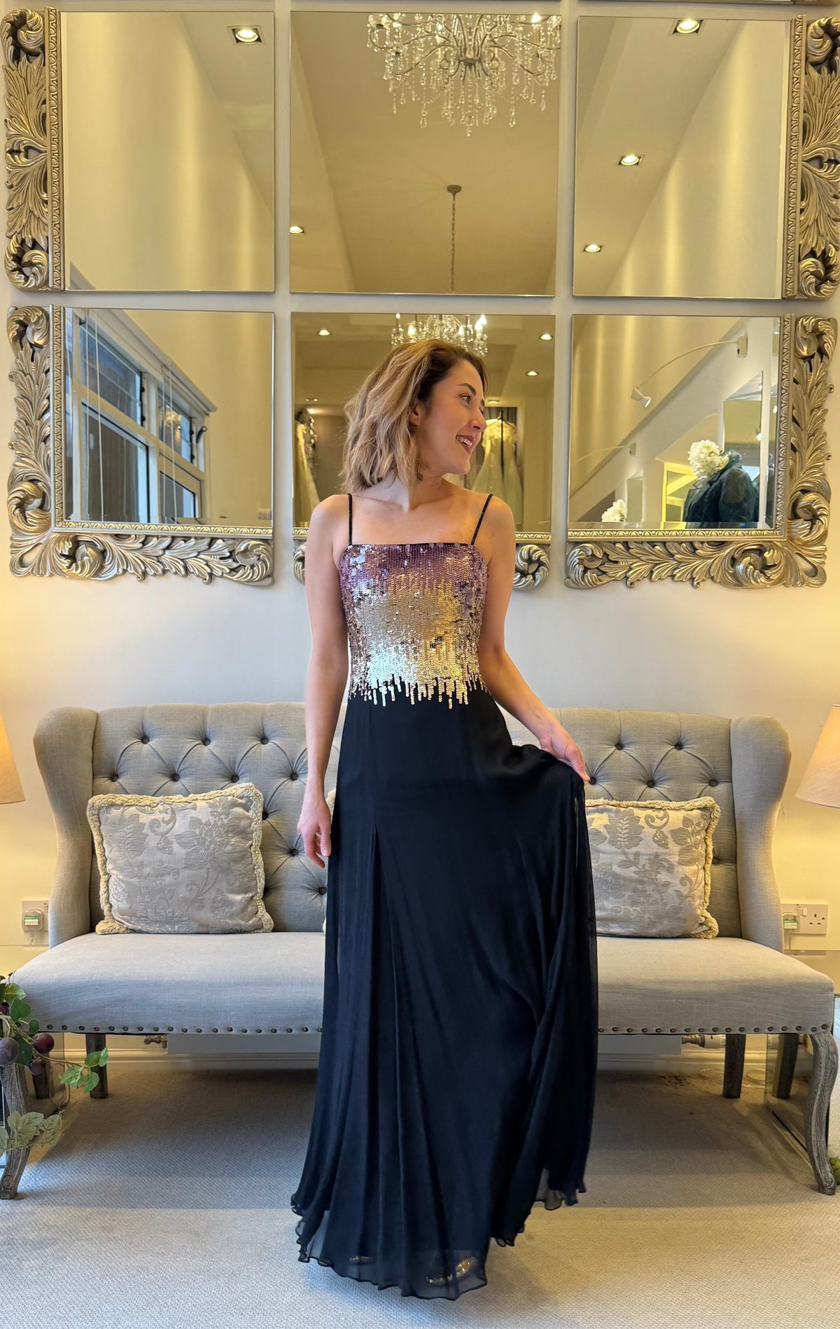 SALE - Black Gown with Sequined Ombre Bodice and Flowing Skirt