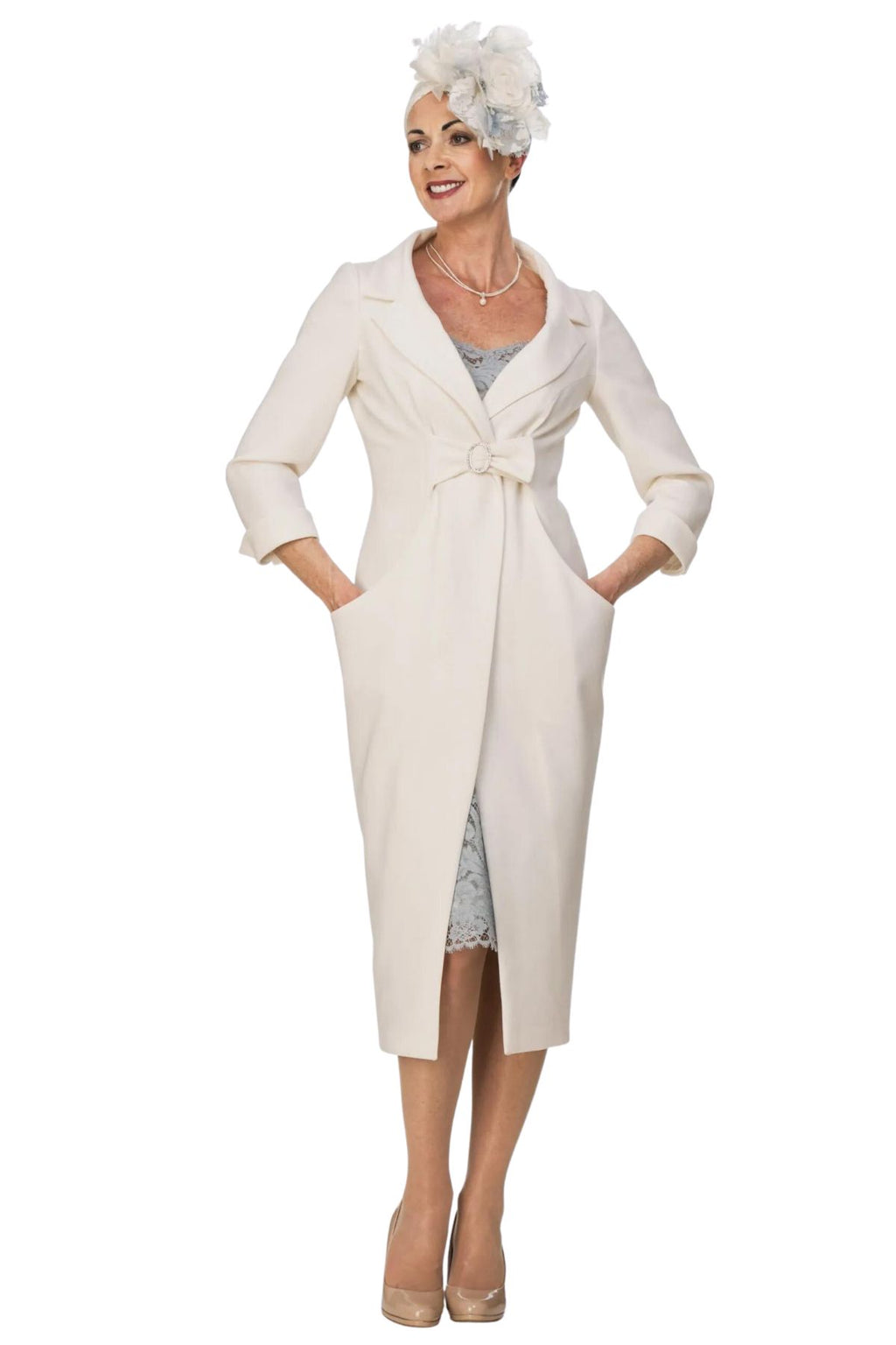 Ivory Wool Tulip Coat and Lace Dress