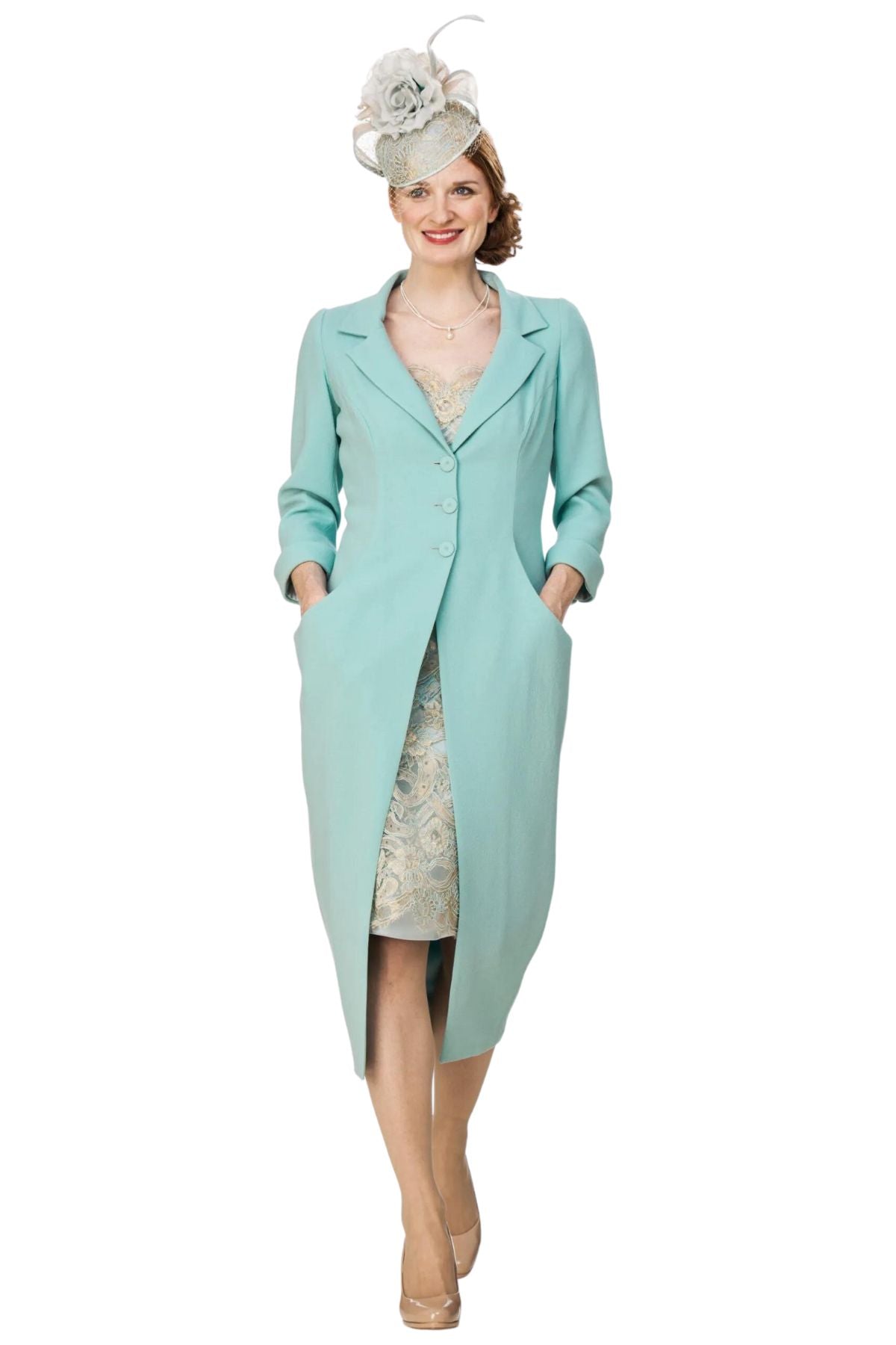 Wool Crepe Coat over Corded Metallic Lace Dress