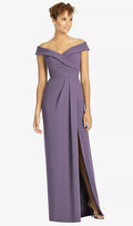 SALE Cuffed Off-the-Shoulder Faux Wrap Maxi Dress with Front Slit