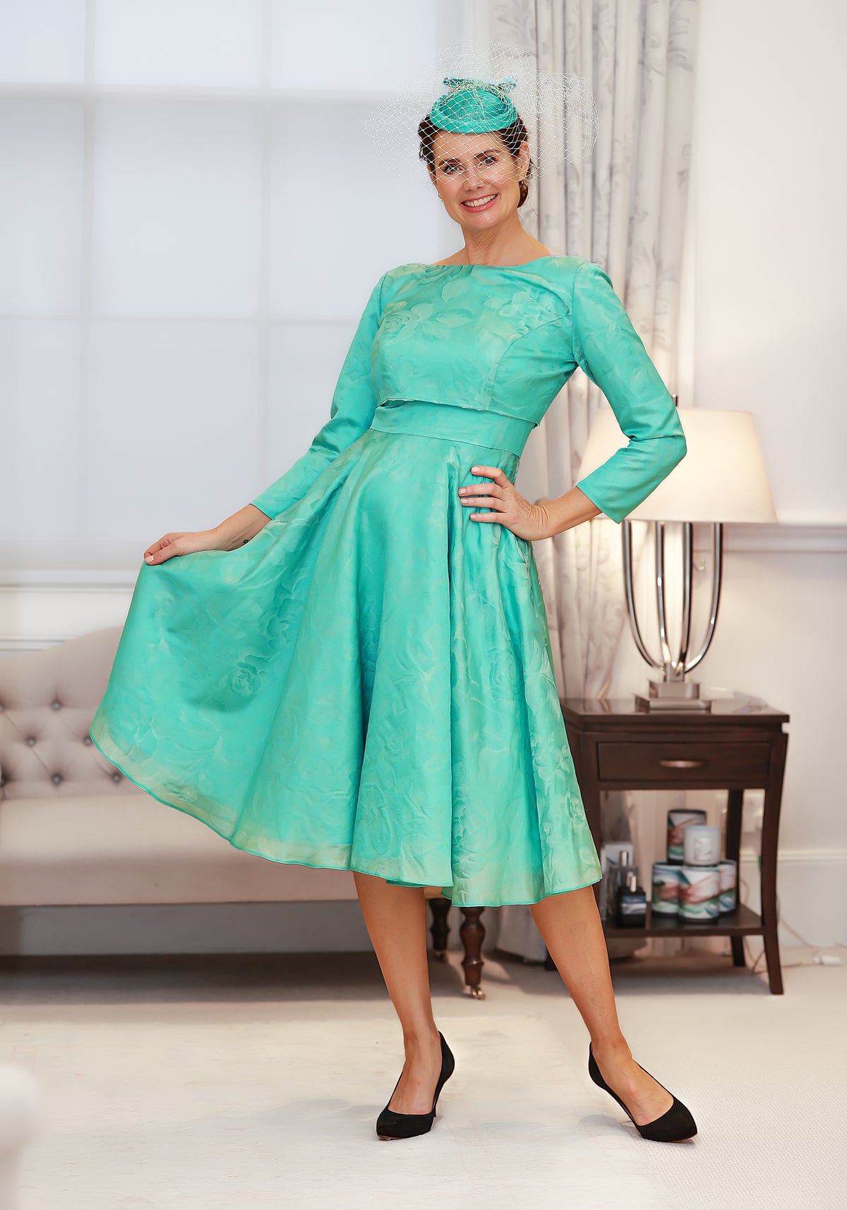 Couture - 1950's Inspired Dress with Circle Skirt in Unique Jacquard