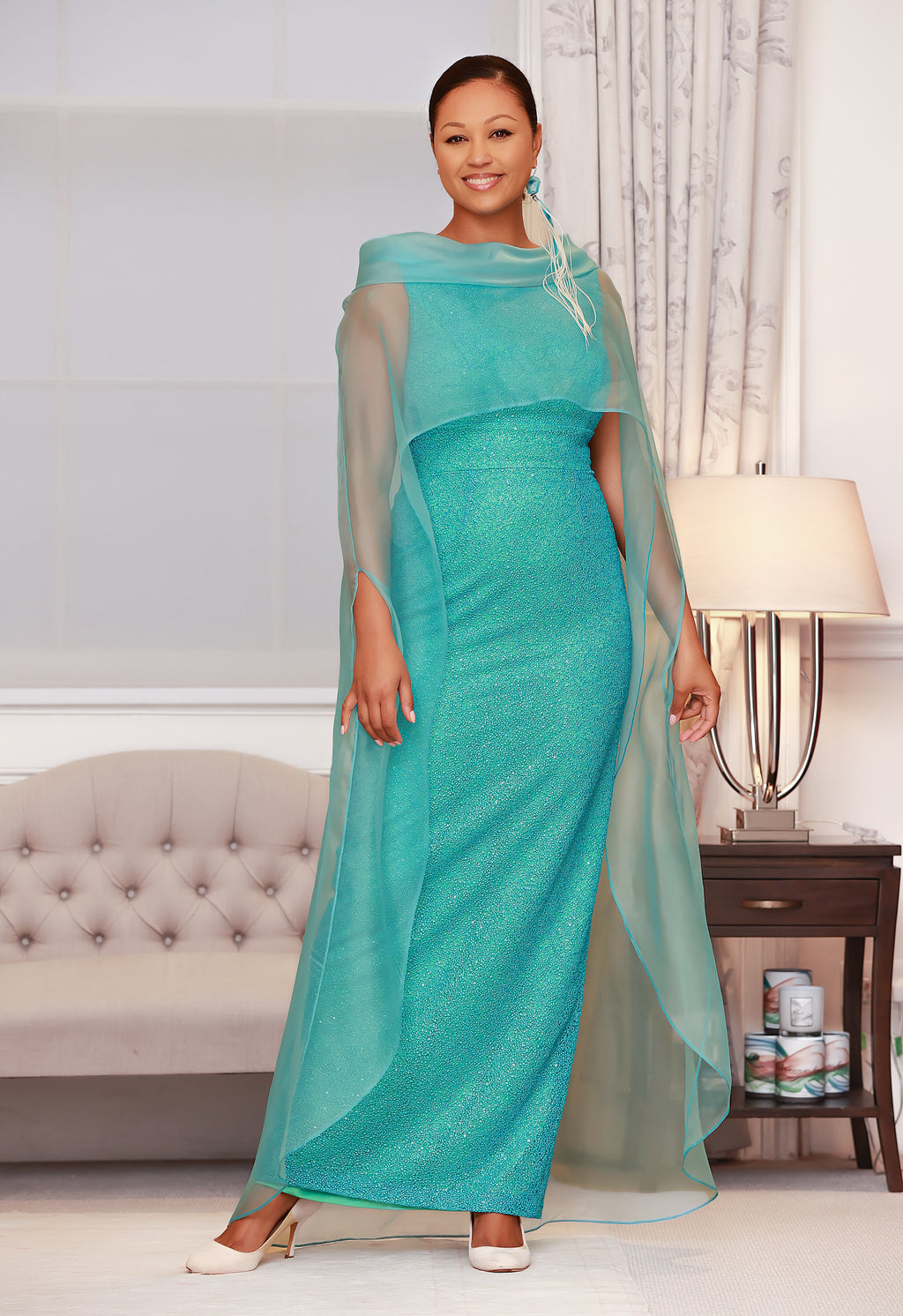 Long Dress with Subtle Sparkle & Organza Cape