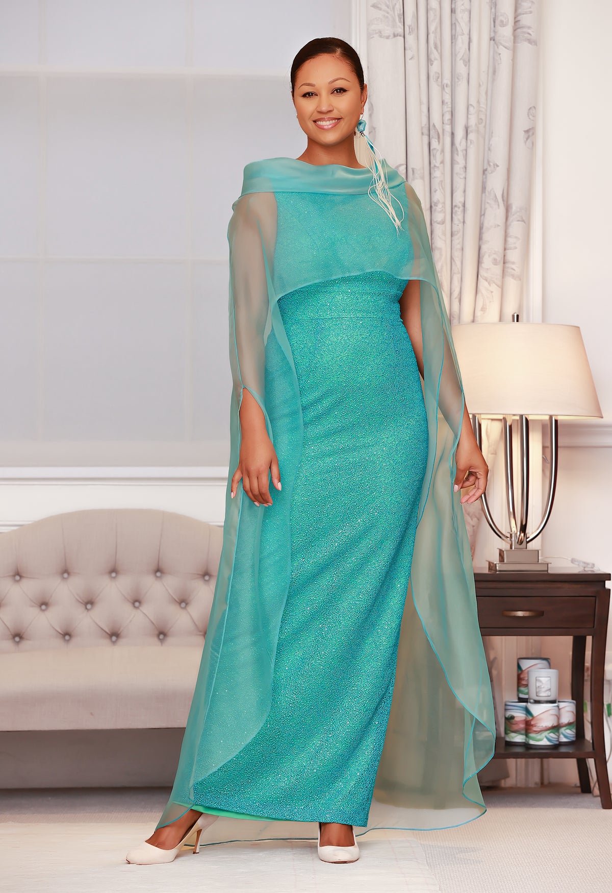 Long Dress with Subtle Sparkle & Organza Cape