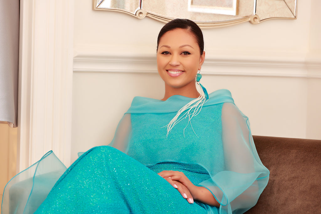 Couture - Long Dress with Subtle Sparkle & Organza Cape in Teal
