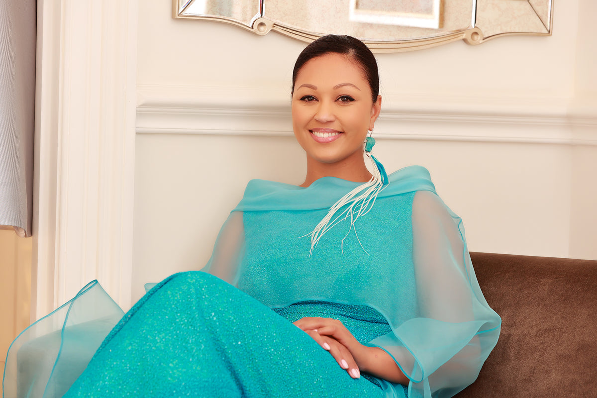 Couture - Long Dress with Subtle Sparkle & Organza Cape in Teal