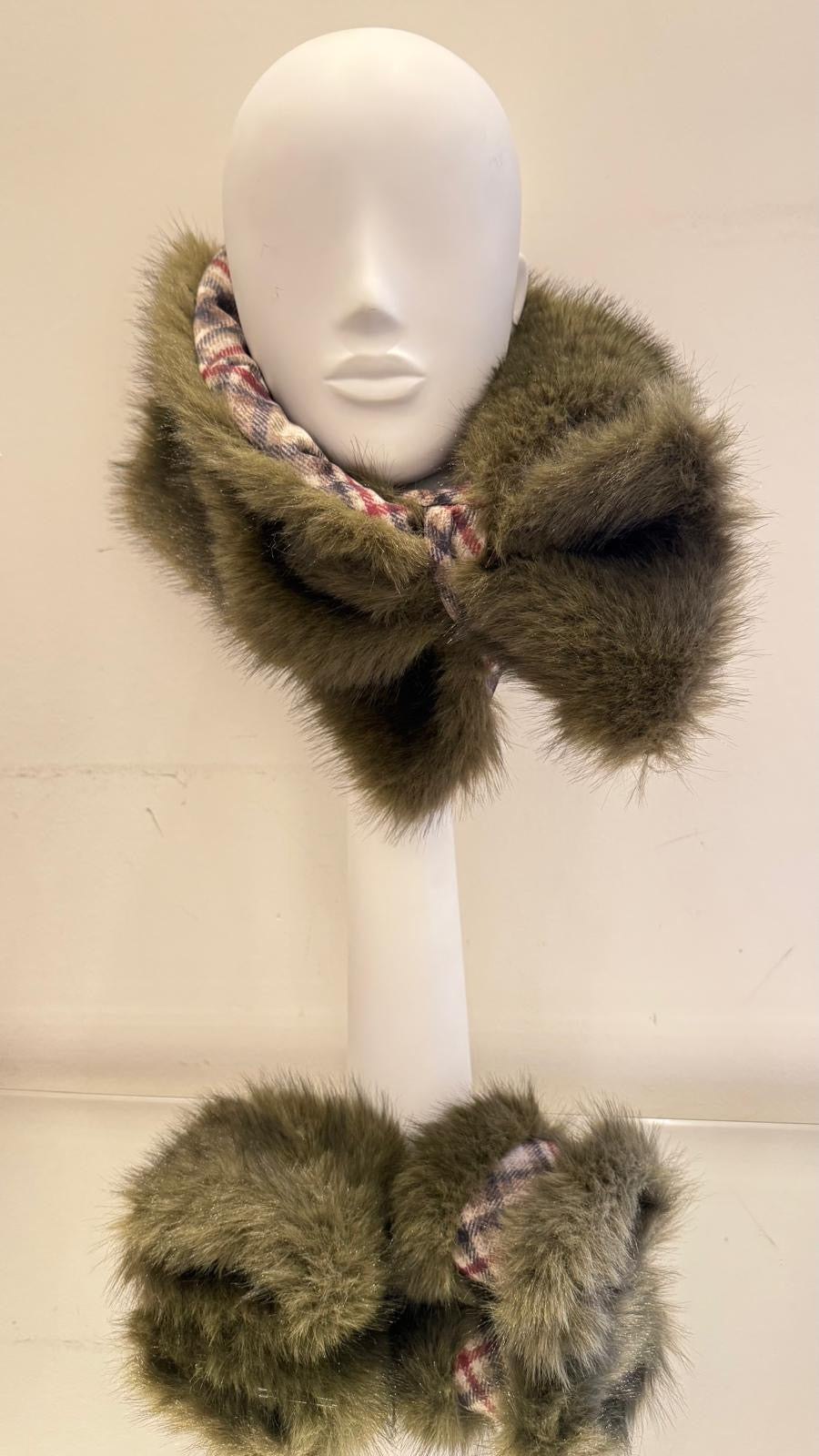 Olive faux fur and Callanish Tartan collar and cuffs