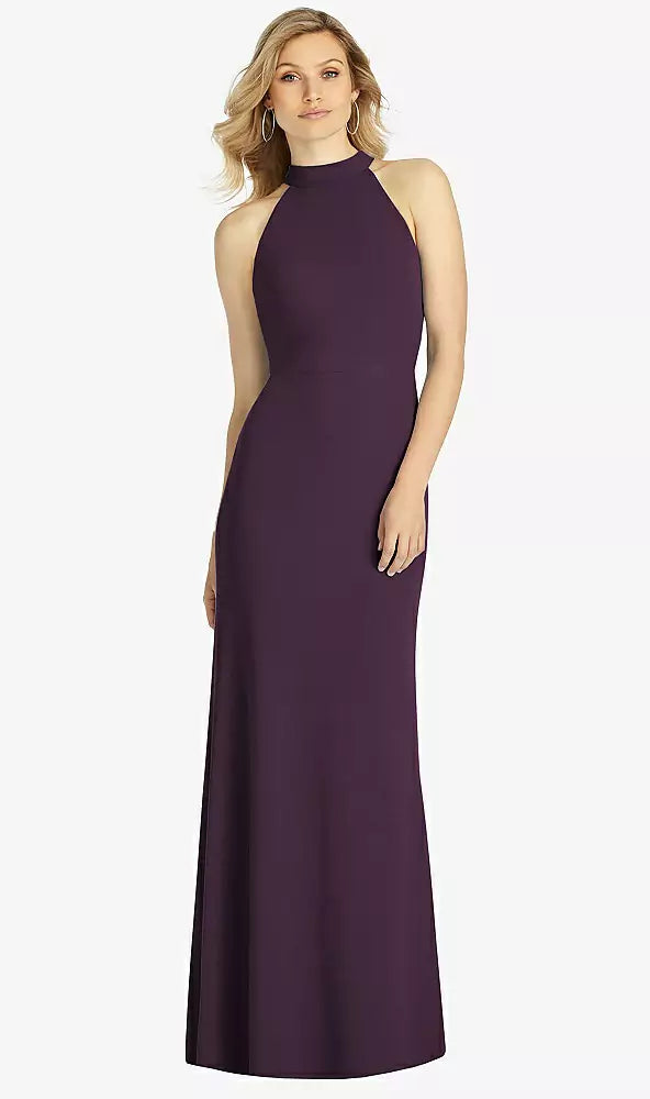 SALE Full length Aubergine Stretch Crepe Halter-Neck Dress