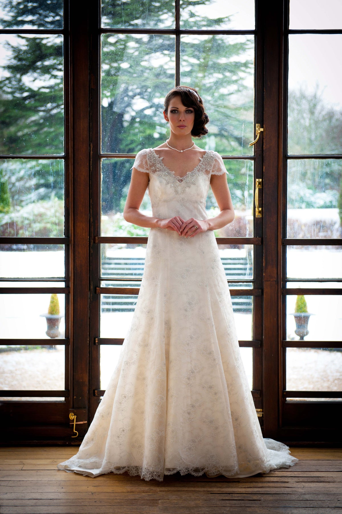 SALE Portia – Ivory and Silver Lace V-Neck Fit and Flare Wedding Dress
