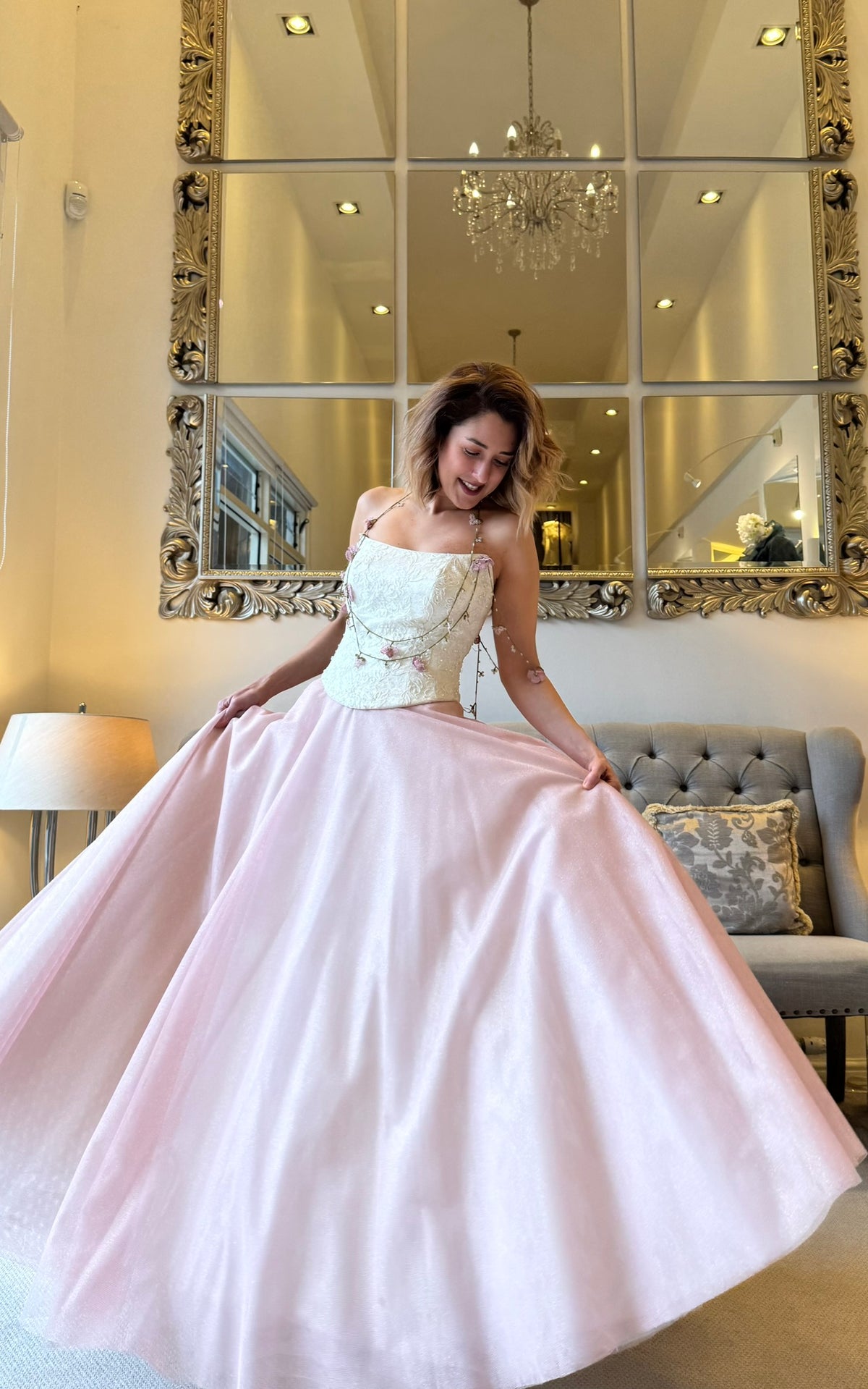 SALE - Pink Cream Dress with Beaded Bodice & Tulle Skirt