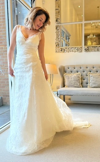 SALE - Sleeveless V-Neck Wedding Dress with Embroidered Lace & Flowing Skirt