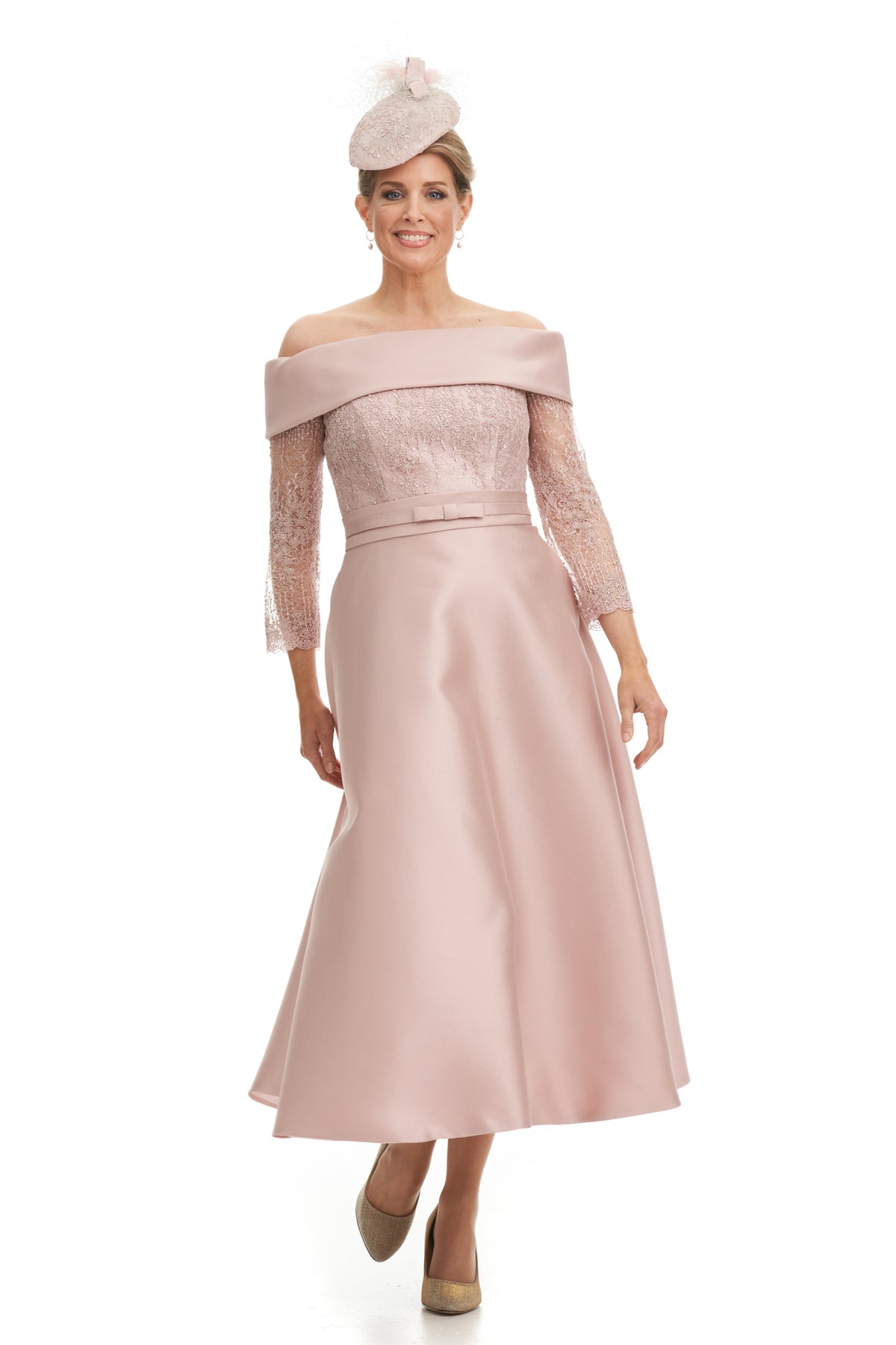 Bardot Neckline Silk and Lace Dress