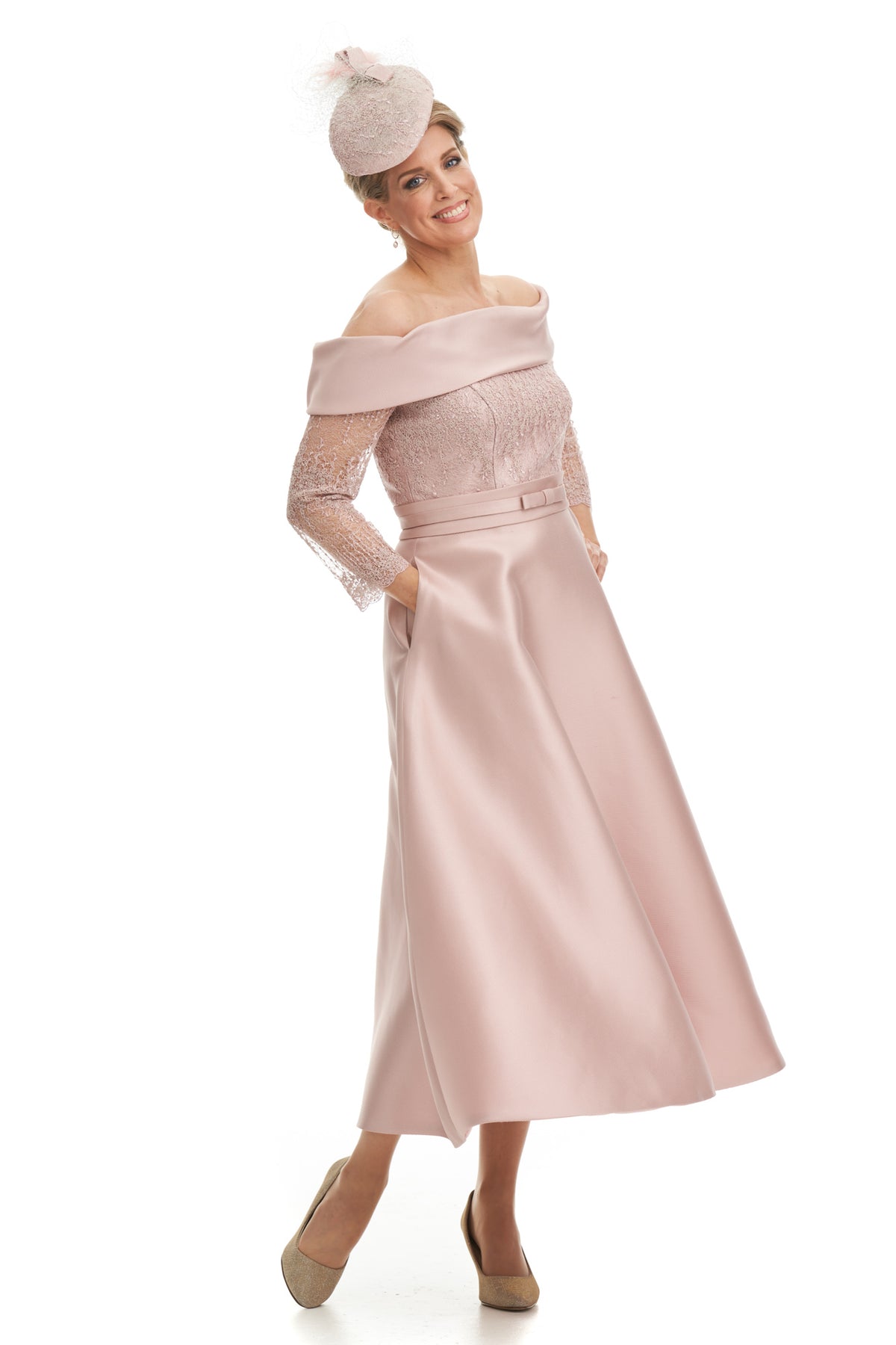 Occasion Wear - Bardot Neckline Silk and Lace Dress