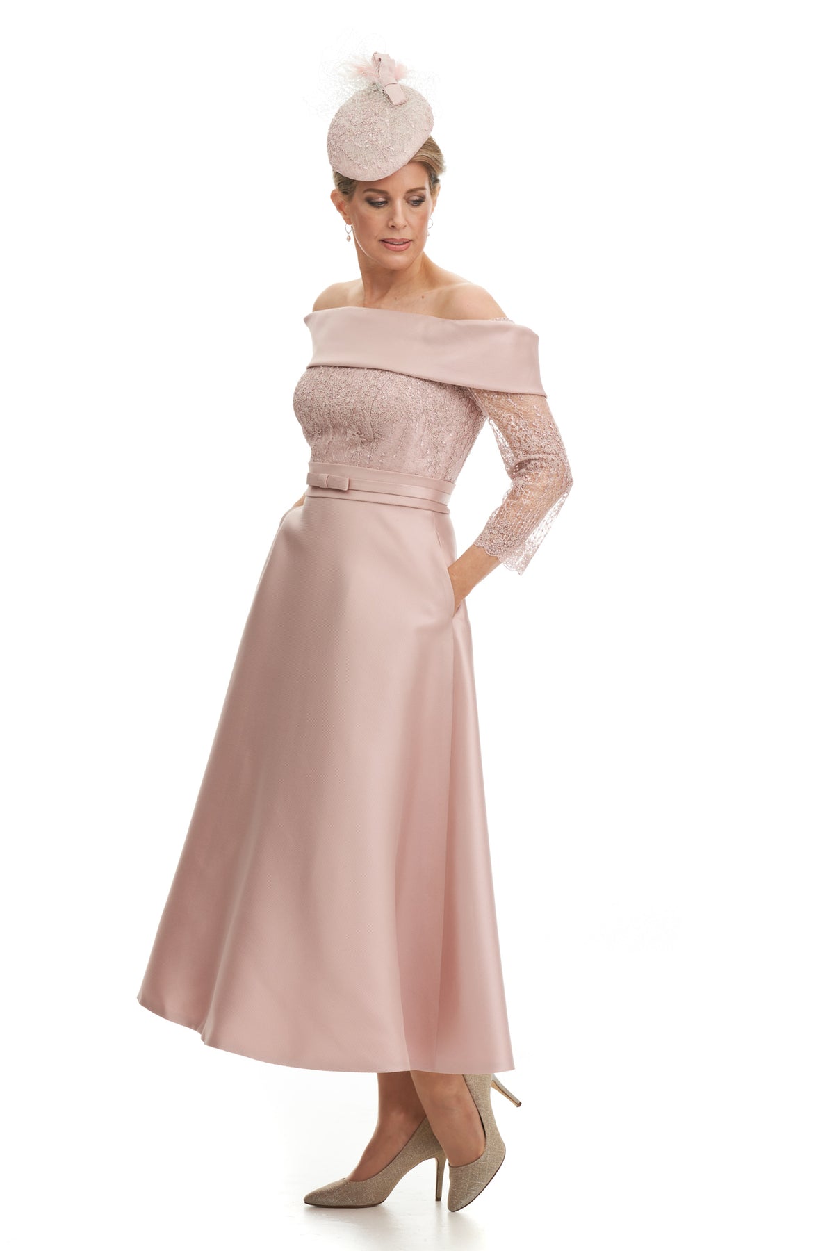 Occasion Wear - Bardot Neckline Silk and Lace Dress