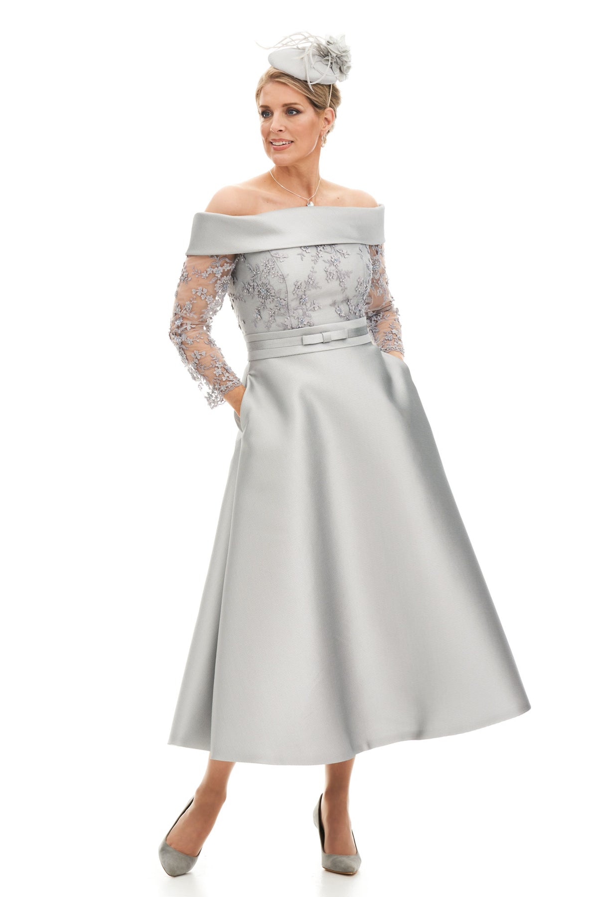 Bardot Neckline Silk and Lace Tea Length Dress