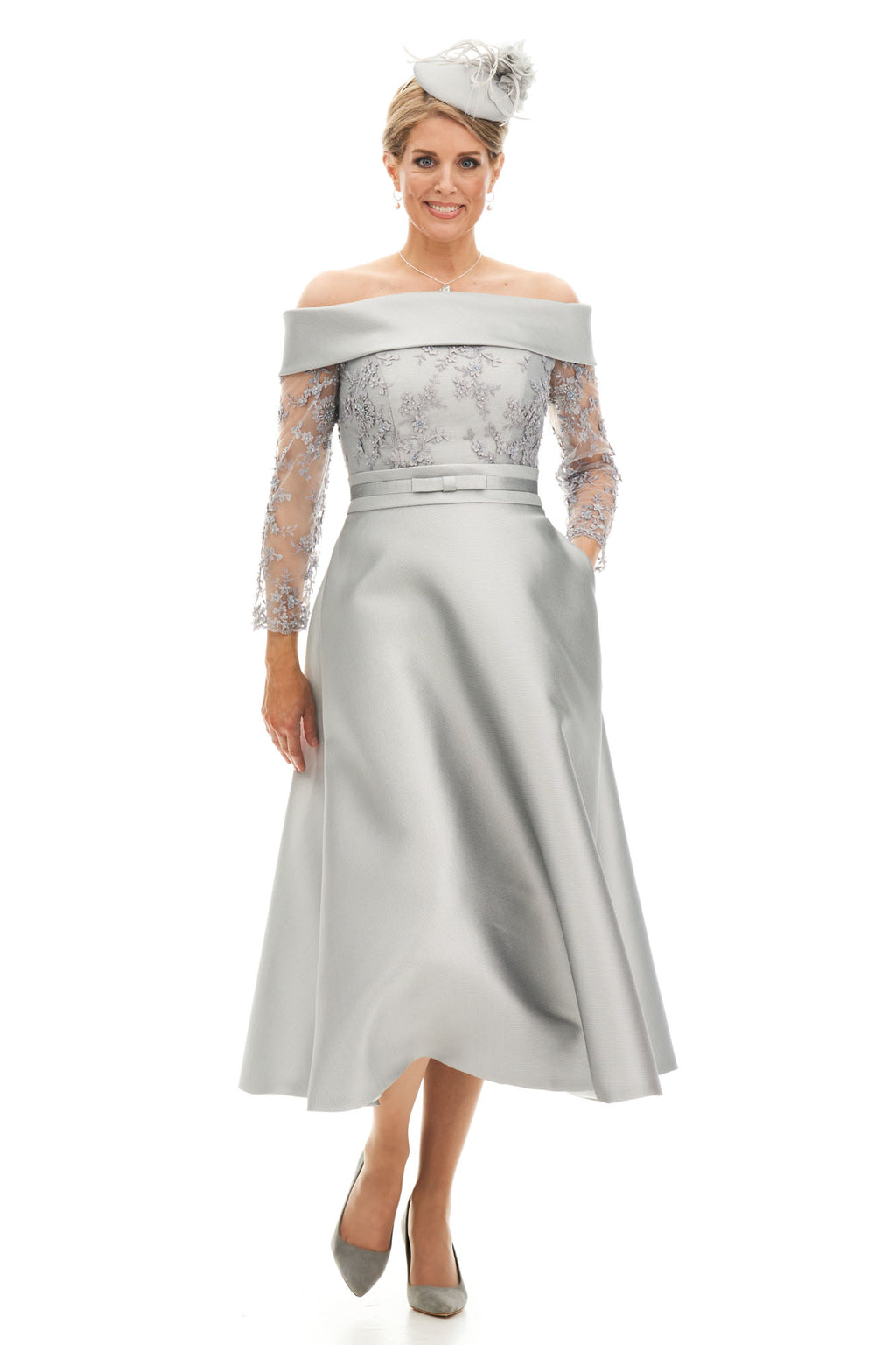Occasion Wear - Bardot Neckline Silk and Lace Tea Length Dress