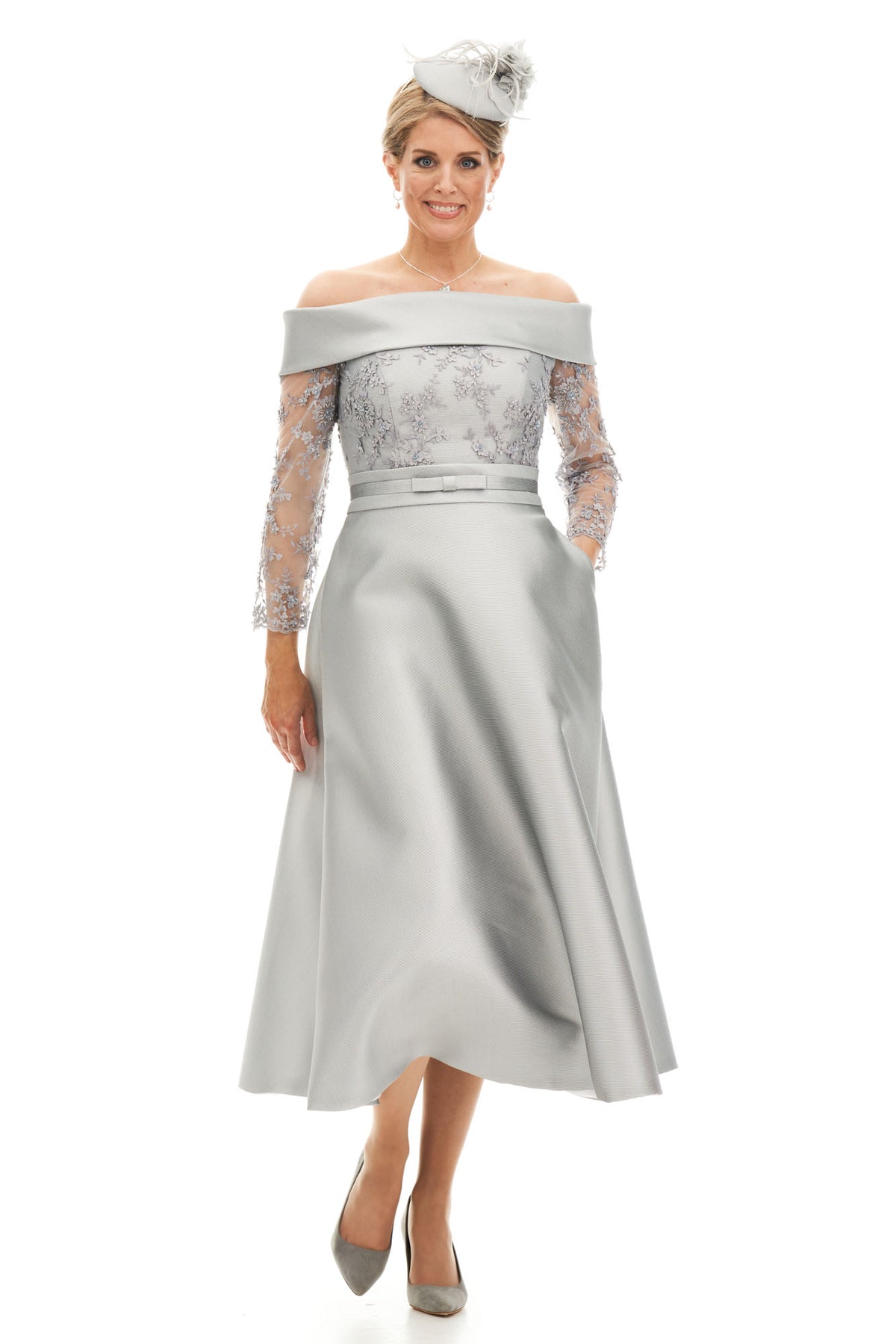Occasion Wear - Bardot Neckline Silk and Lace Tea Length Dress