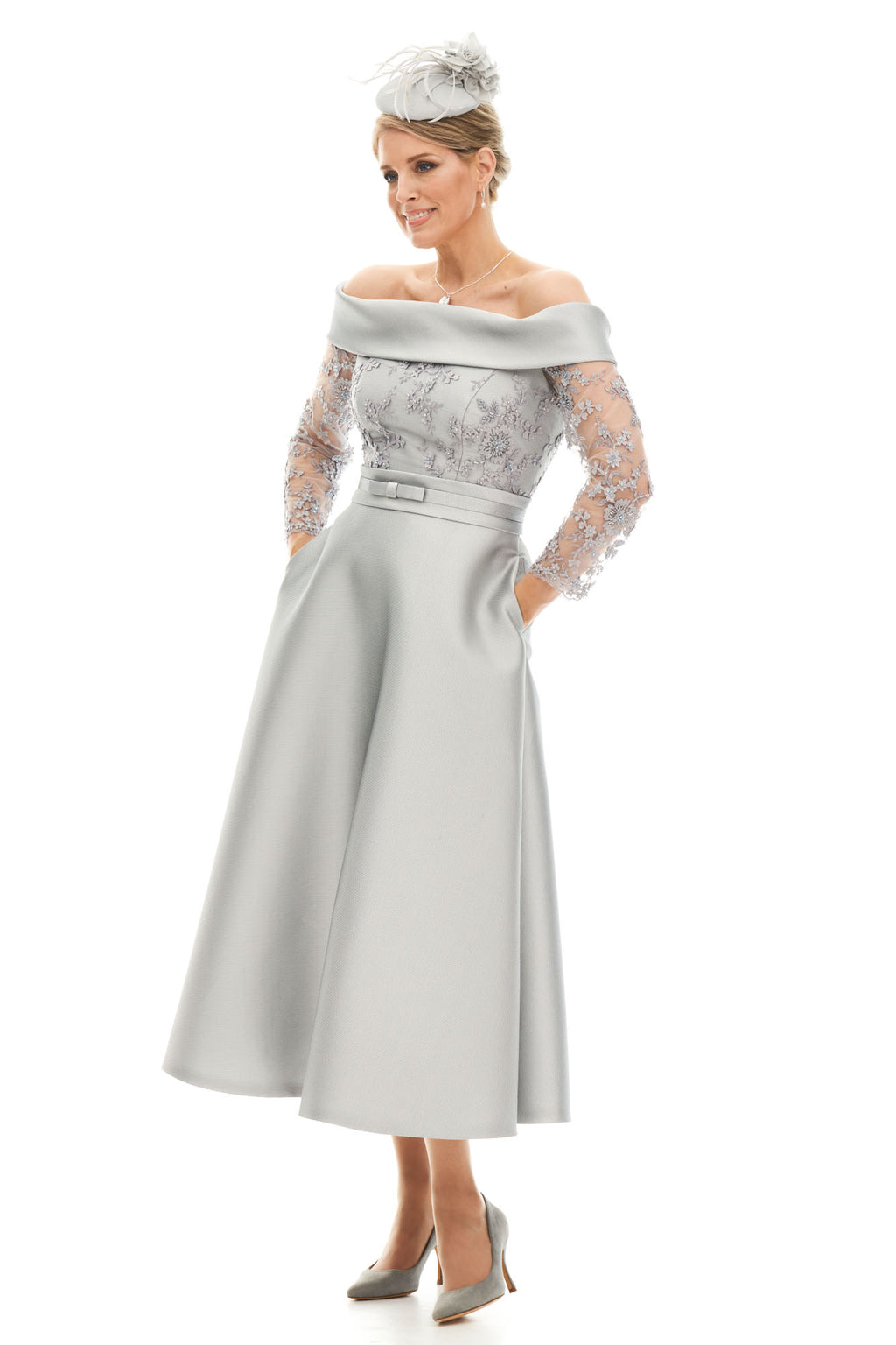 Occasion Wear - Bardot Neckline Silk and Lace Tea Length Dress
