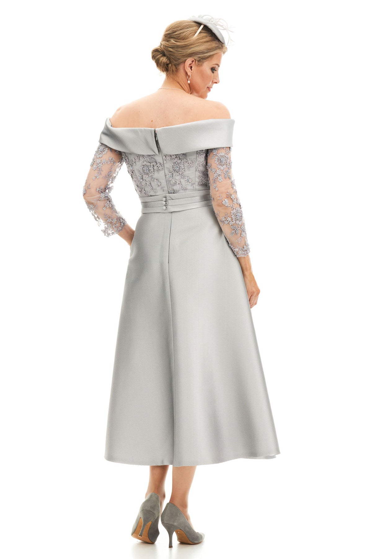 Occasion Wear - Bardot Neckline Silk and Lace Tea Length Dress