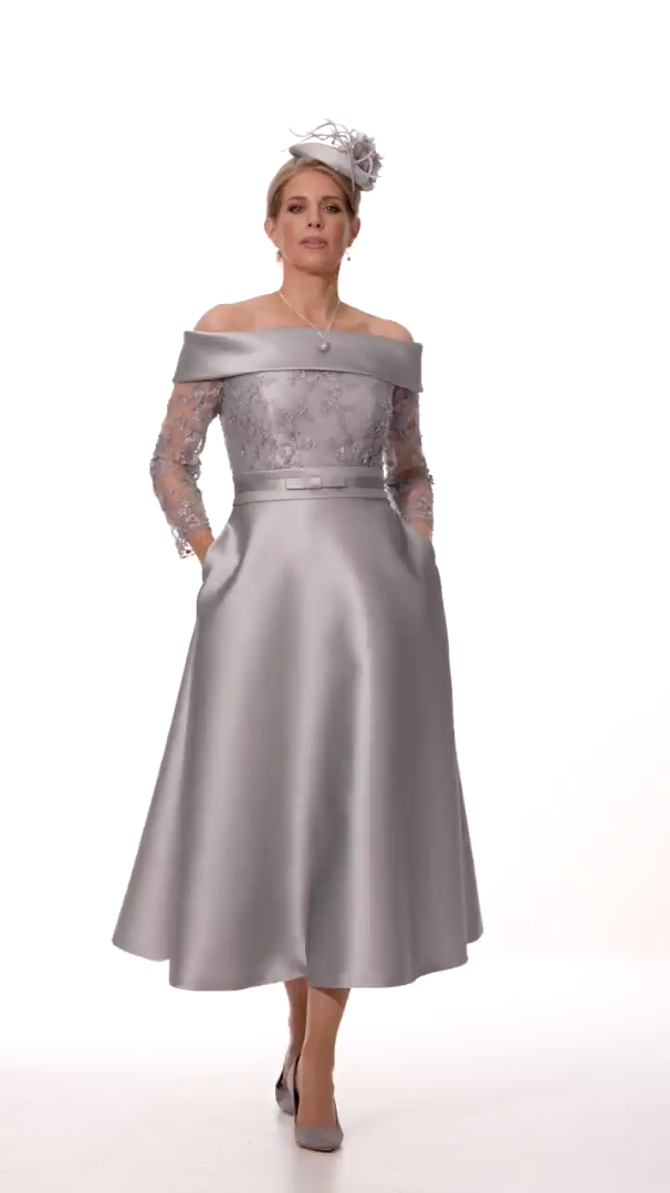 Occasion Wear - Bardot Neckline Silk and Lace Tea Length Dress