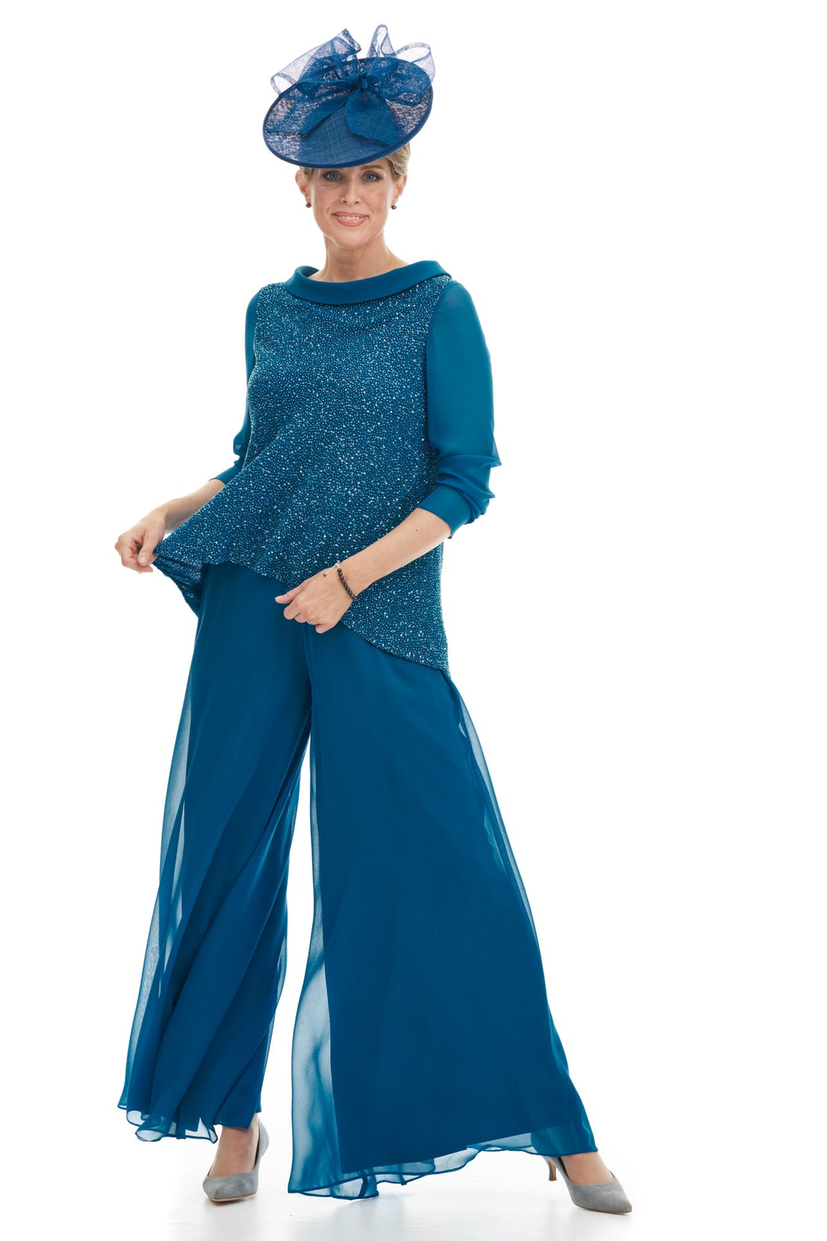 Beaded Silk Tunic And Wide Leg Silk Chiffon Palazzo Pants