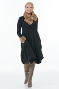 Long Sleeved V-Neck Knit Bubble Dress in Black