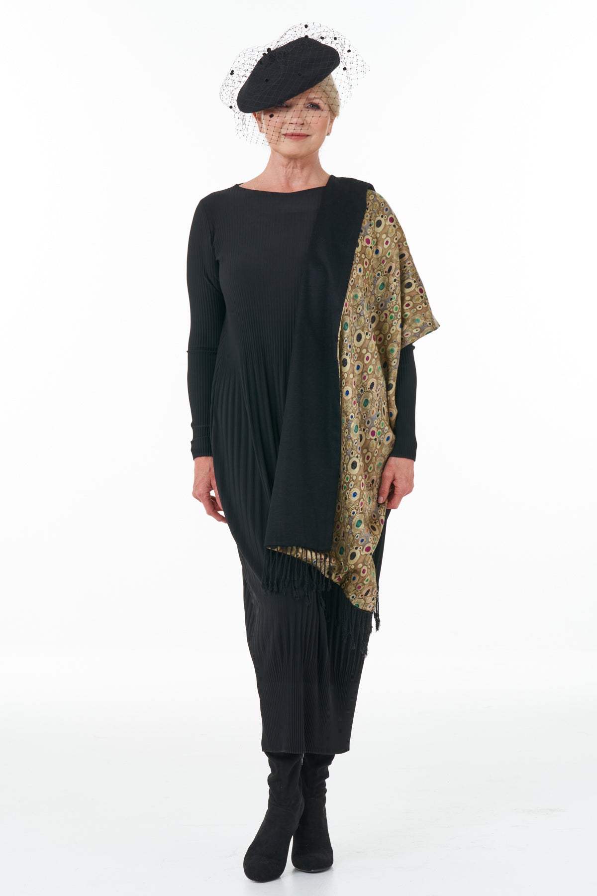 Long Sleeved Pleated Knit Dress in Black