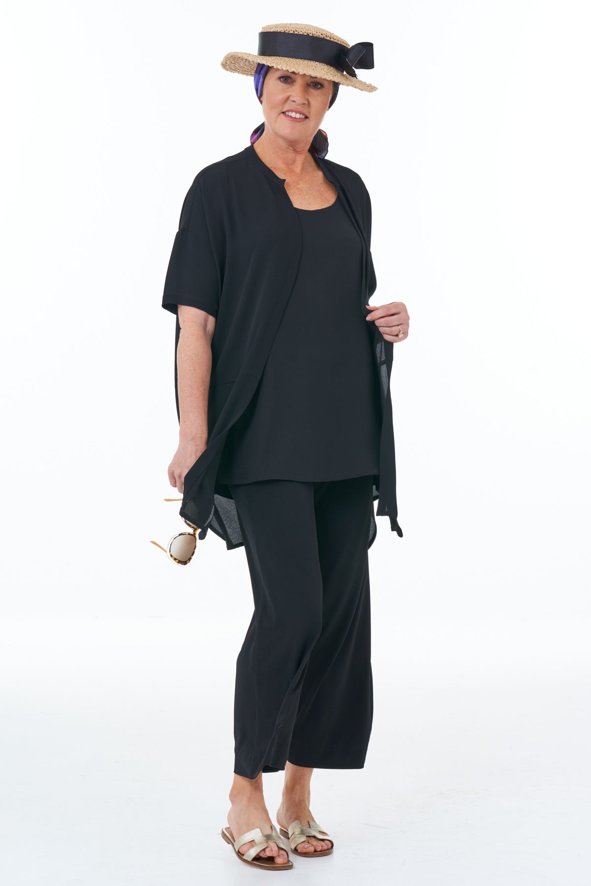 Waffle Cropped Trousers in Black