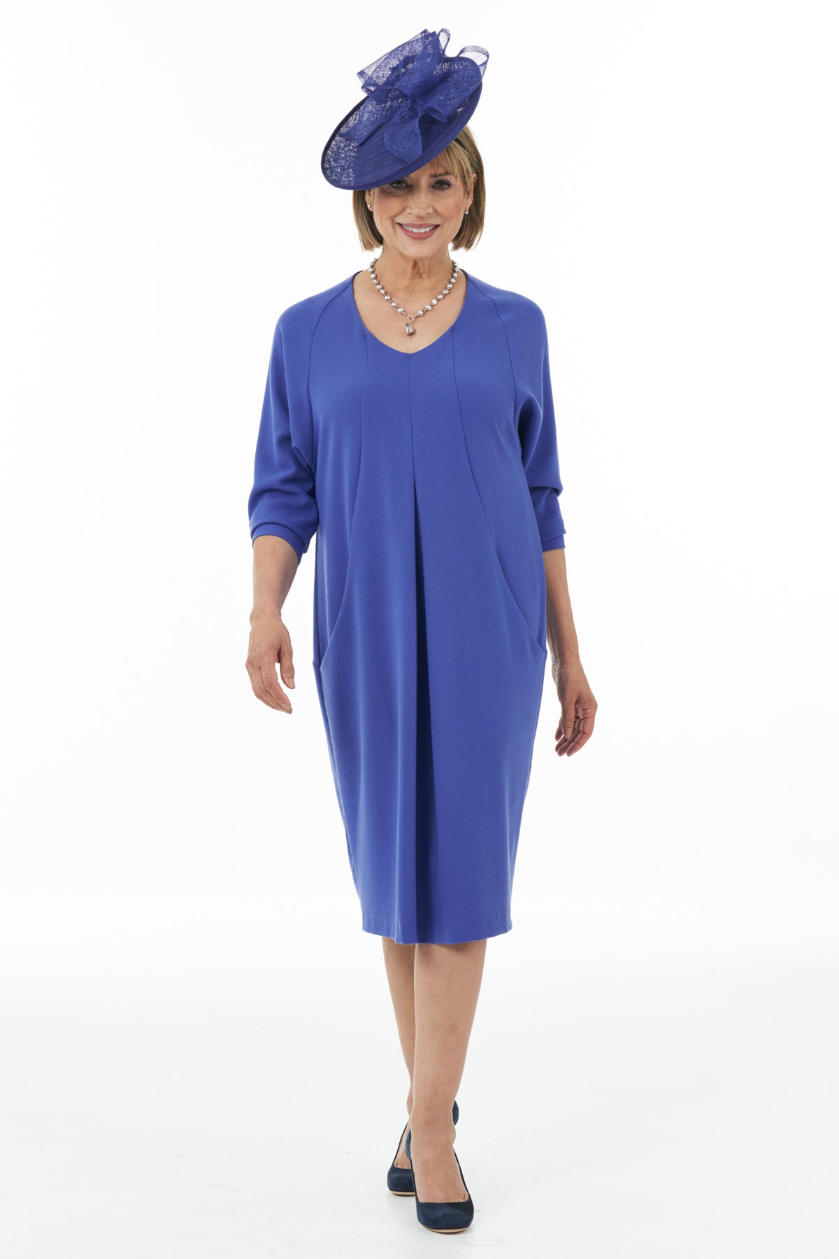 V Neck Dolman Sleeved Short Dress with Deep Pockets in Bluebell