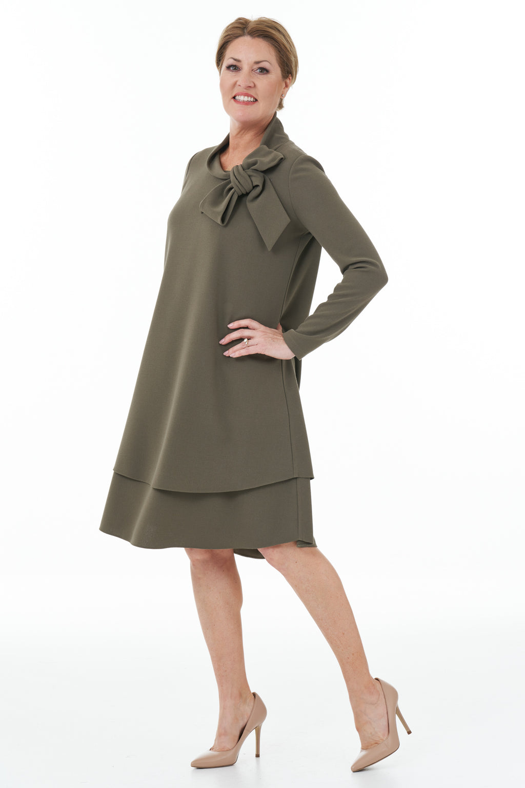 Bow Neck Dress in Olive