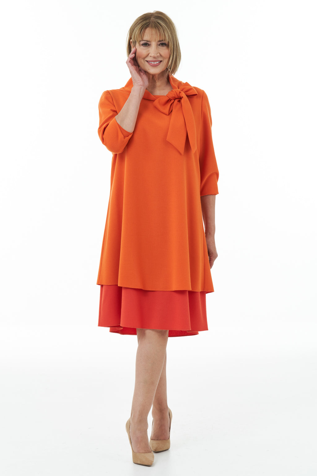 Casual Chic - Bow Neck Dress in Orange and Mandarin