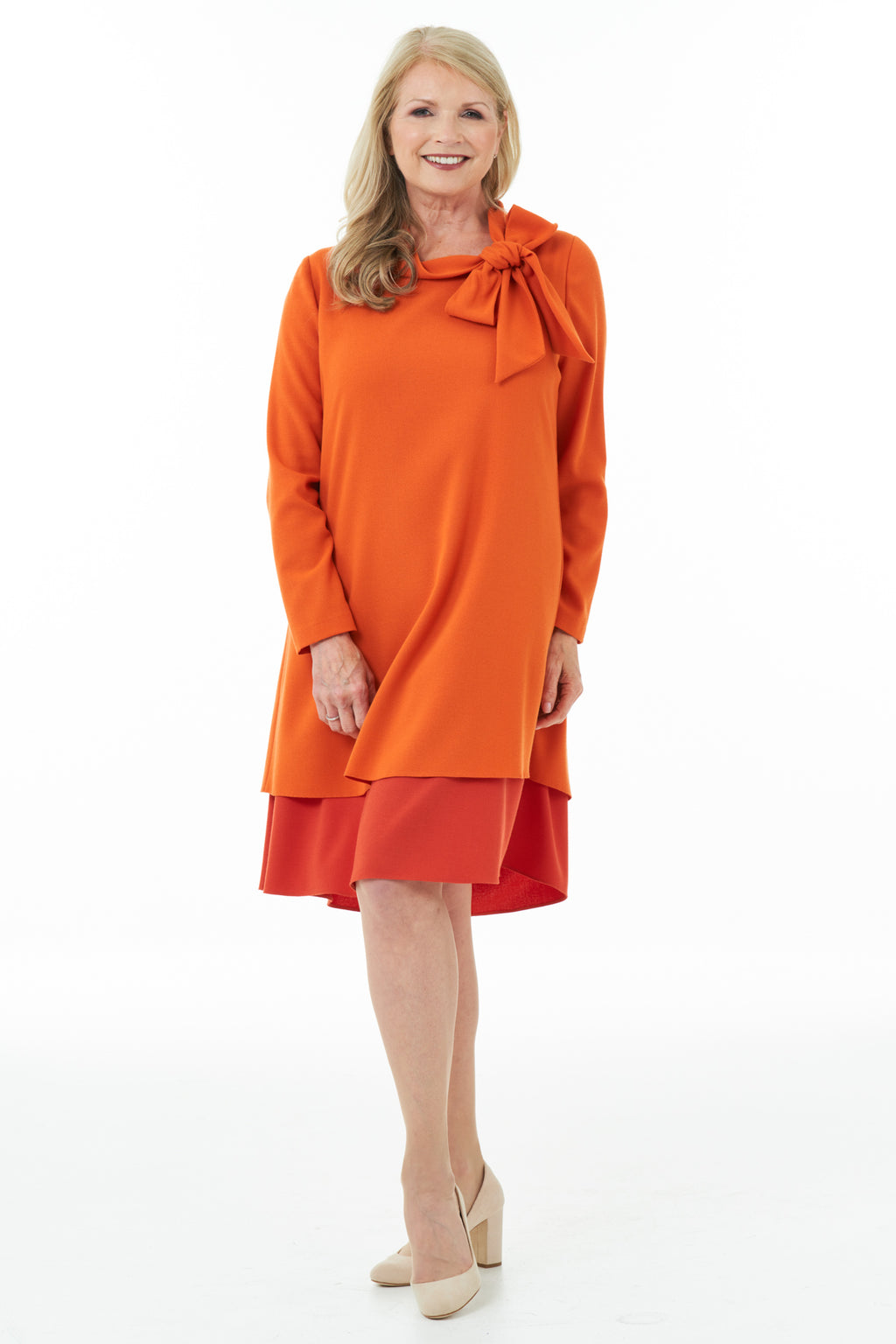 Casual Chic - Bow Neck Dress in Orange and Mandarin