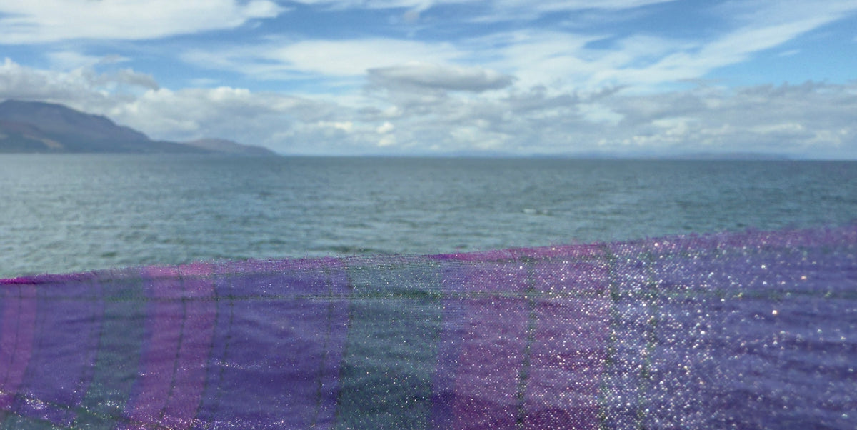 A close-up of a purple glittery mesh fabric with a grid pattern, shown in the foreground with a blurred background of a blue sea and cloudy sky.