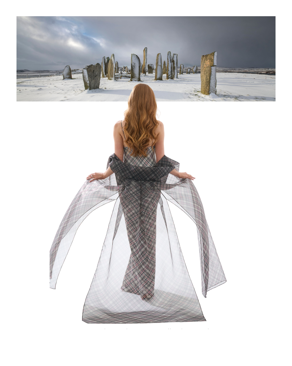 A woman stands with her back to the camera wearing a sheer, floor-length gray plaid dress with dramatic wide sleeves, set against a solid white background. Above her, a panoramic photo shows a snowy landscape with standing stones under a cloudy sky.